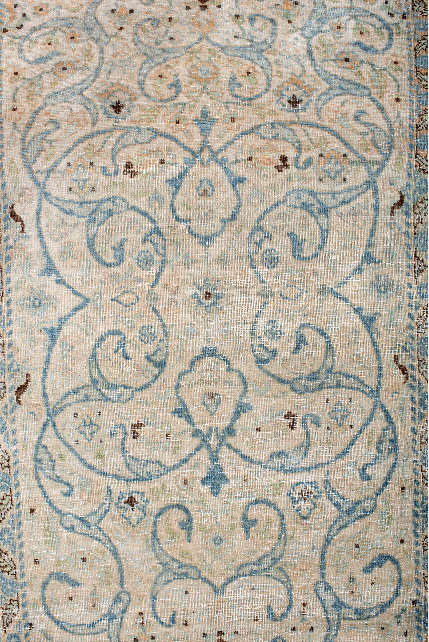 2' x 4' one-of-a-kind handmade antique Tabriz small size rug. Color palette: ivory, sky blue, beige, camel, taupe, brown