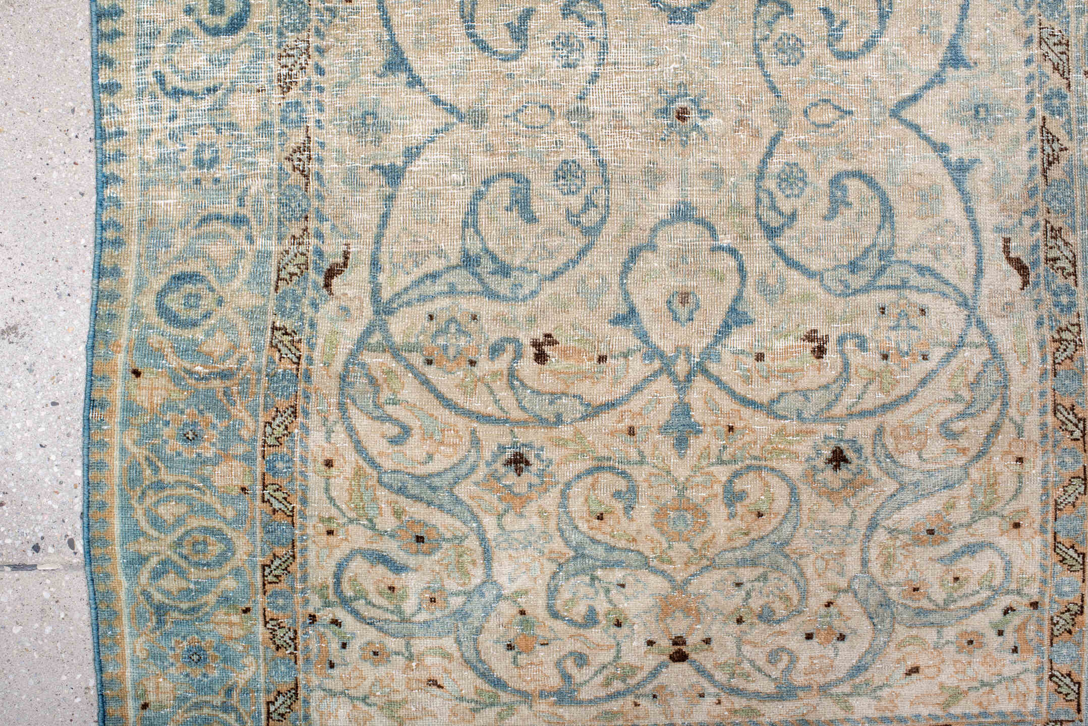 2' x 4' one-of-a-kind handmade antique Tabriz small size rug. Color palette: ivory, sky blue, beige, camel, taupe, brown