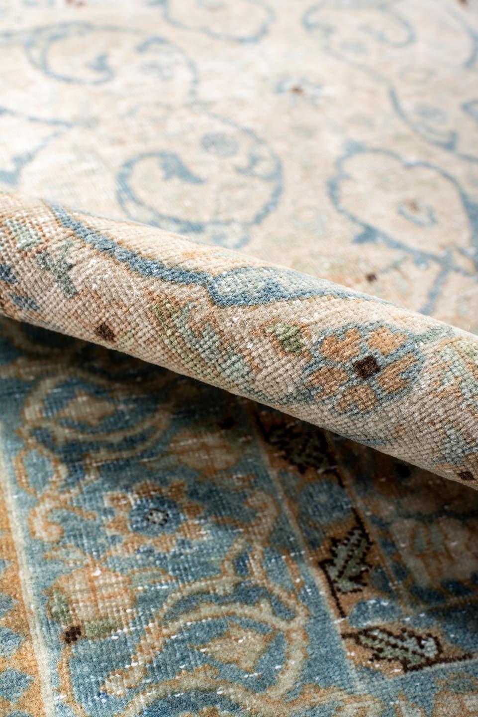 2' x 4' one-of-a-kind handmade antique Tabriz small size rug. Color palette: ivory, sky blue, beige, camel, taupe, brown