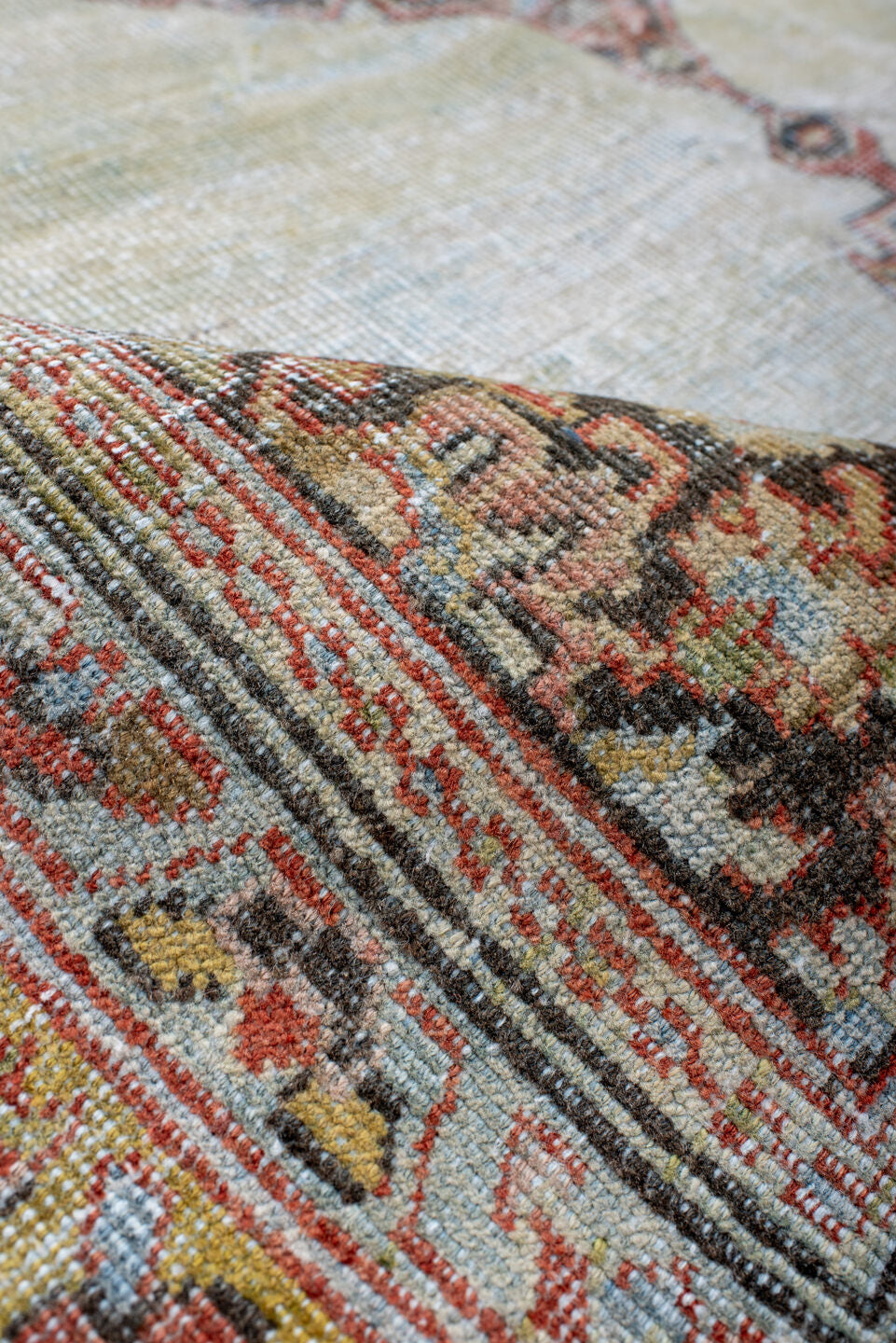5' x 8' one-of-a-kind handmade antique Mahal medium size rug. Color palette: ivory, gold, sky blue, rust, charcoal, coral