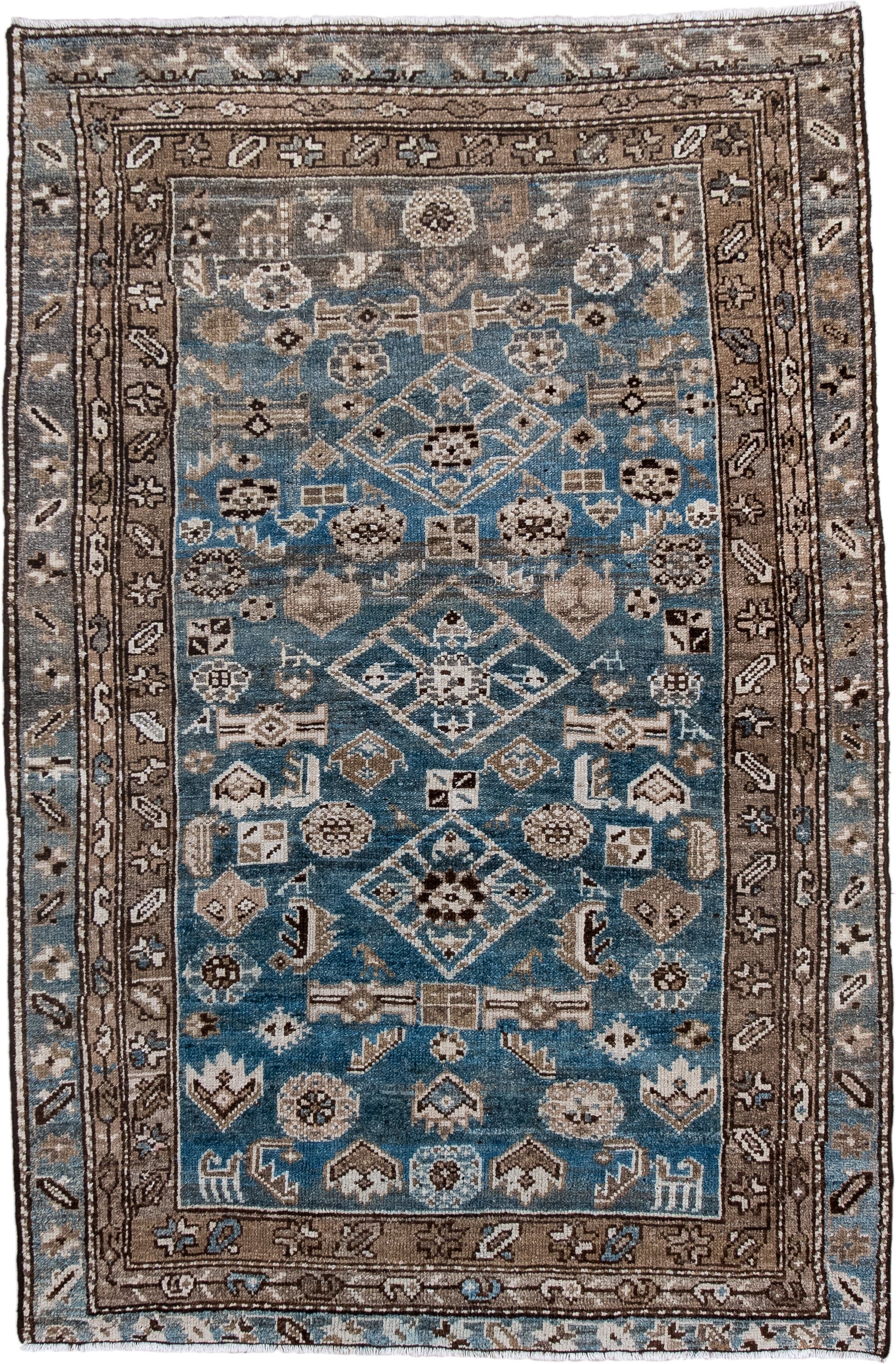 3' x 5' one-of-a-kind handmade antique Hamadan small size rug. Color palette: sky blue, taupe, brown, ivory, slate, charcoal