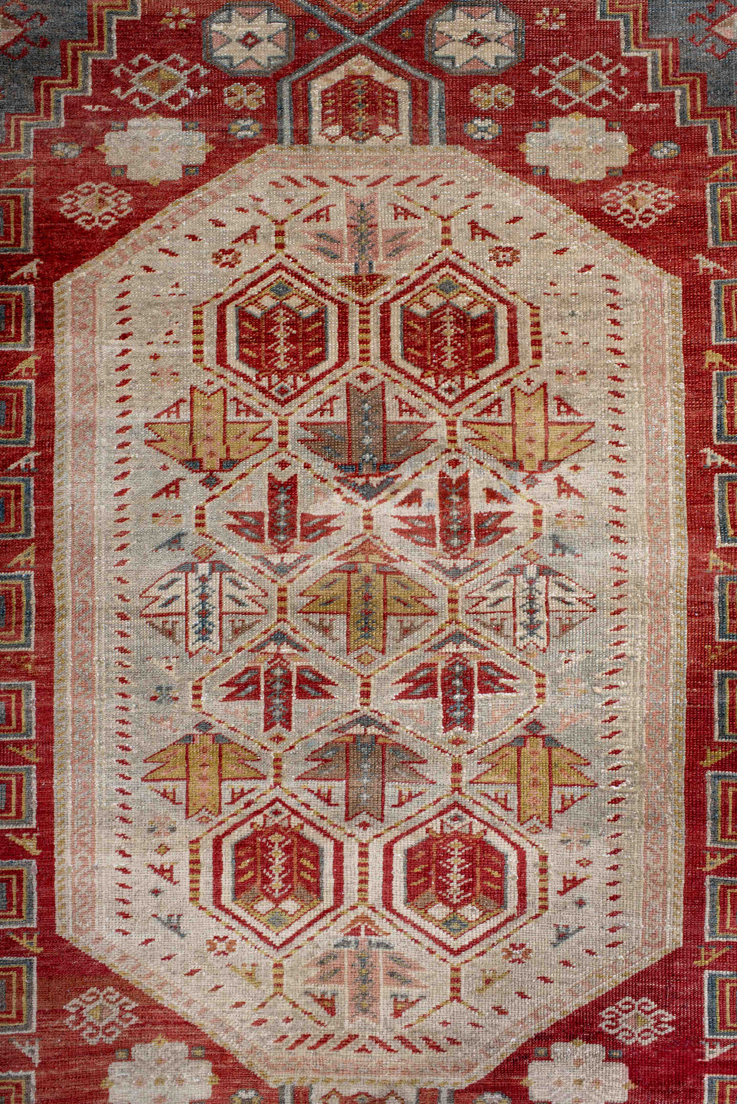 3' x 5' one-of-a-kind handmade antique Sivas small size rug. Color palette: ivory, rust, slate, gold, sage, brick, camel