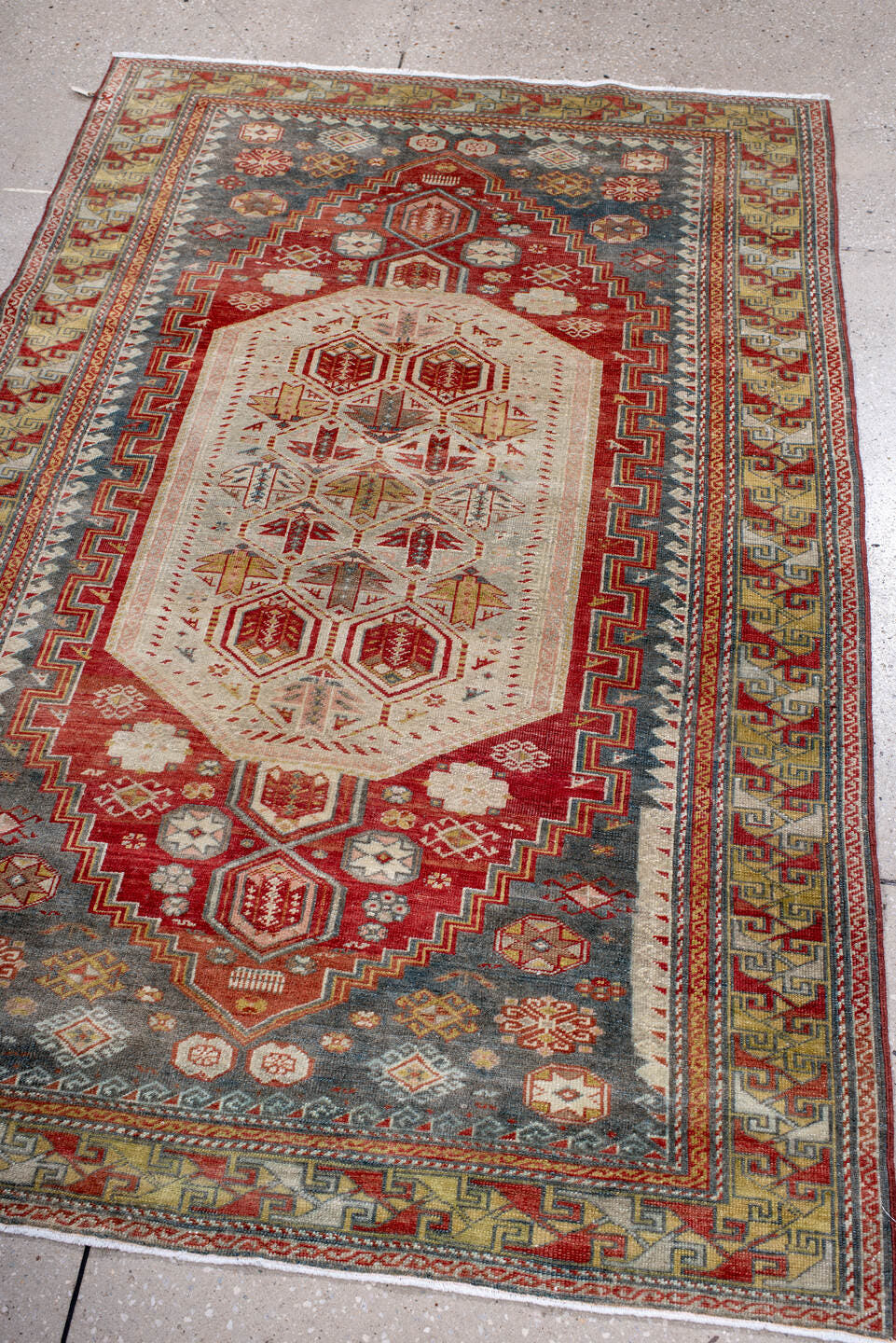 3' x 5' one-of-a-kind handmade antique Sivas small size rug. Color palette: ivory, rust, slate, gold, sage, brick, camel