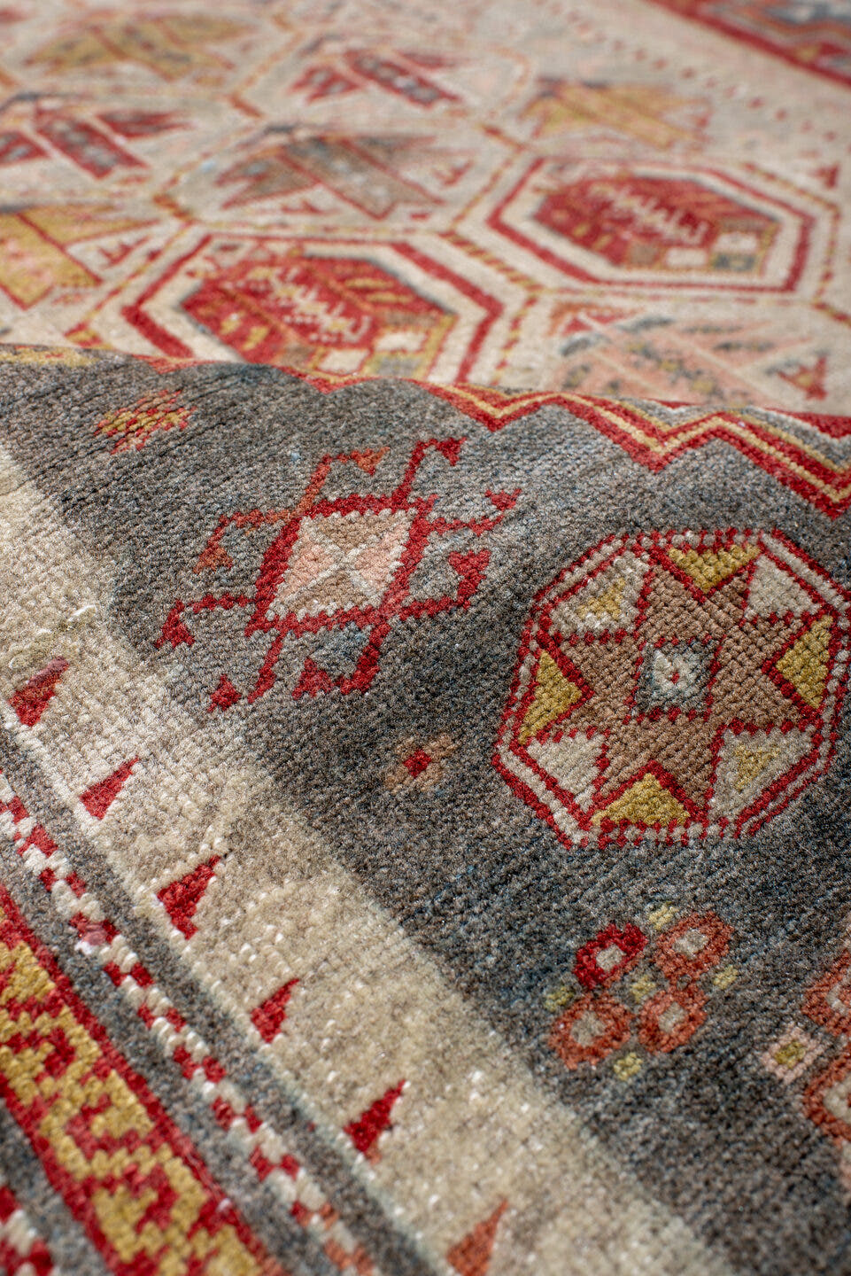 3' x 5' one-of-a-kind handmade antique Sivas small size rug. Color palette: ivory, rust, slate, gold, sage, brick, camel