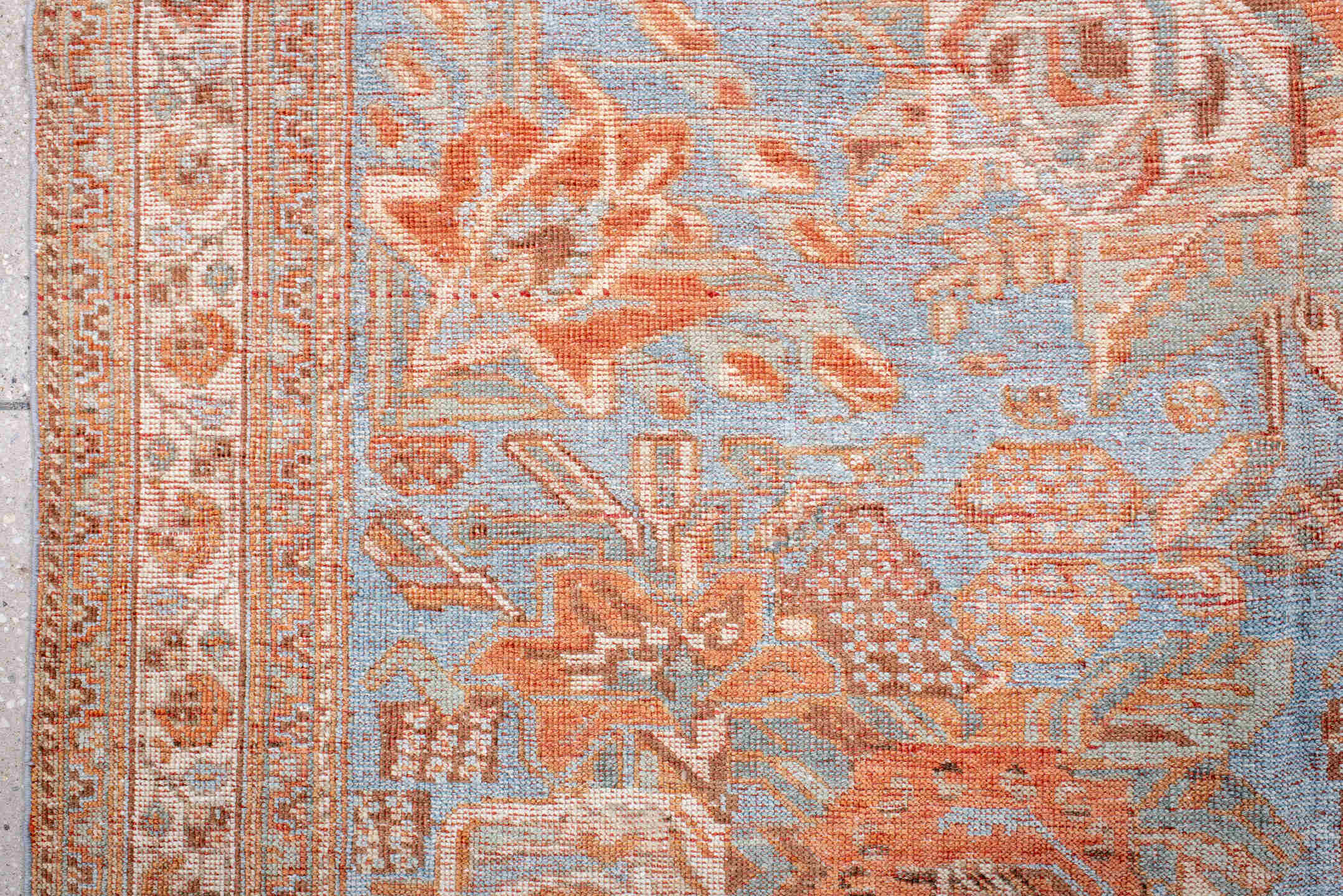 5' x 6' one-of-a-kind handmade antique Afshar rug. Color palette: pale blue, ivory, terra cotta, beige, camel, light blue