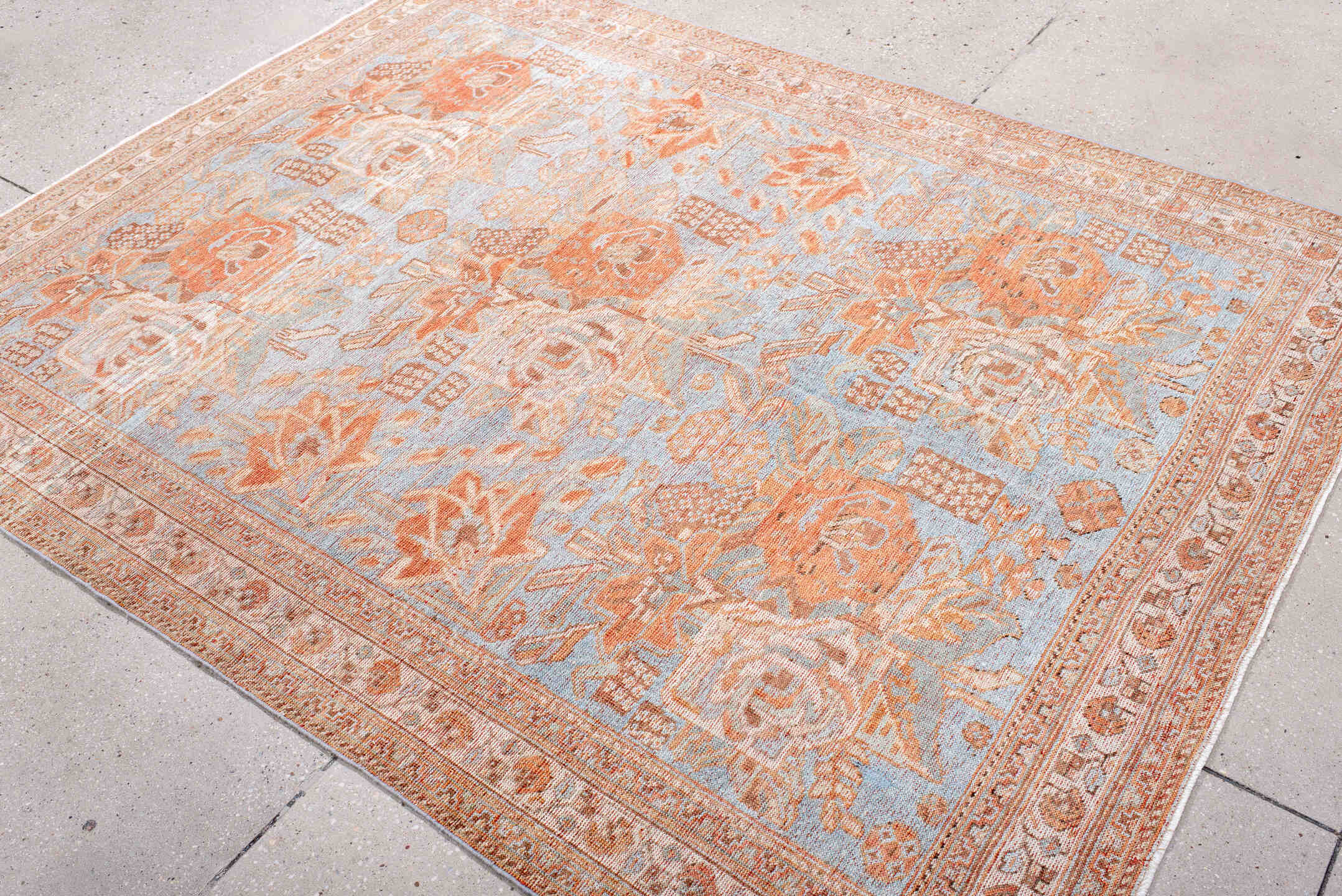 5' x 6' one-of-a-kind handmade antique Afshar rug. Color palette: pale blue, ivory, terra cotta, beige, camel, light blue