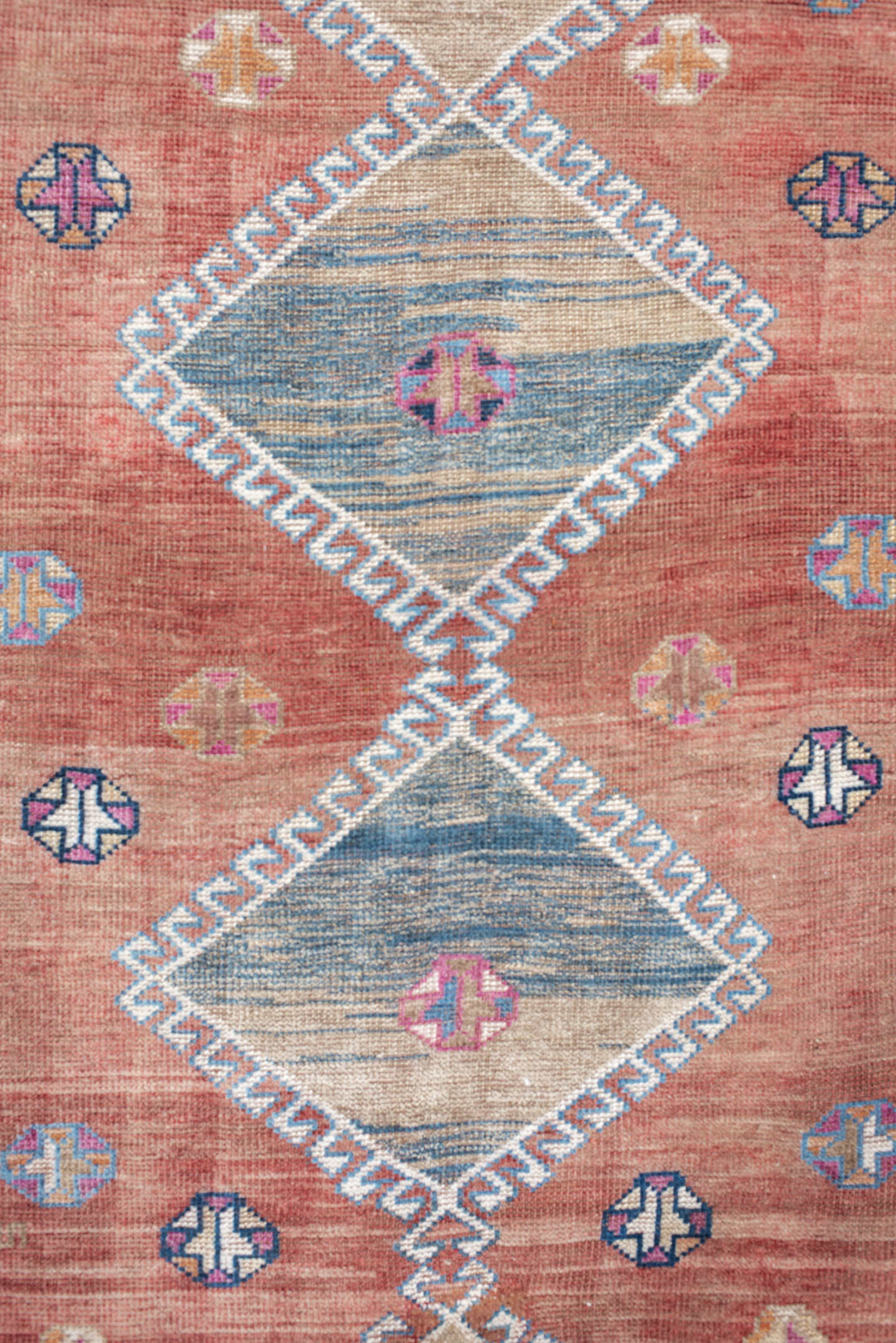 4' x 6' one-of-a-kind handmade antique Gabbe small size rug. Color palette: rose, ivory, sky blue, rust, taupe, plum, navy