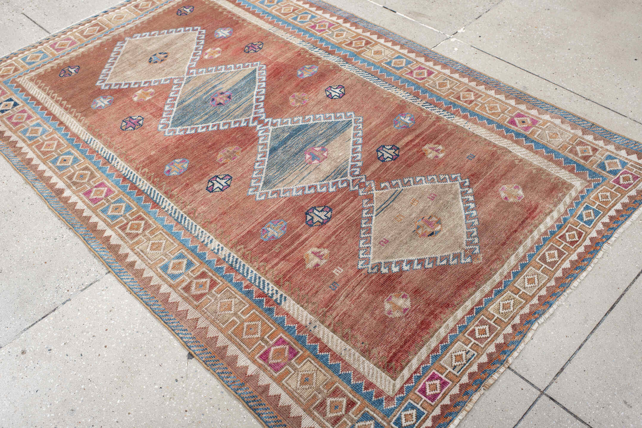 4' x 6' one-of-a-kind handmade antique Gabbe small size rug. Color palette: rose, ivory, sky blue, rust, taupe, plum, navy