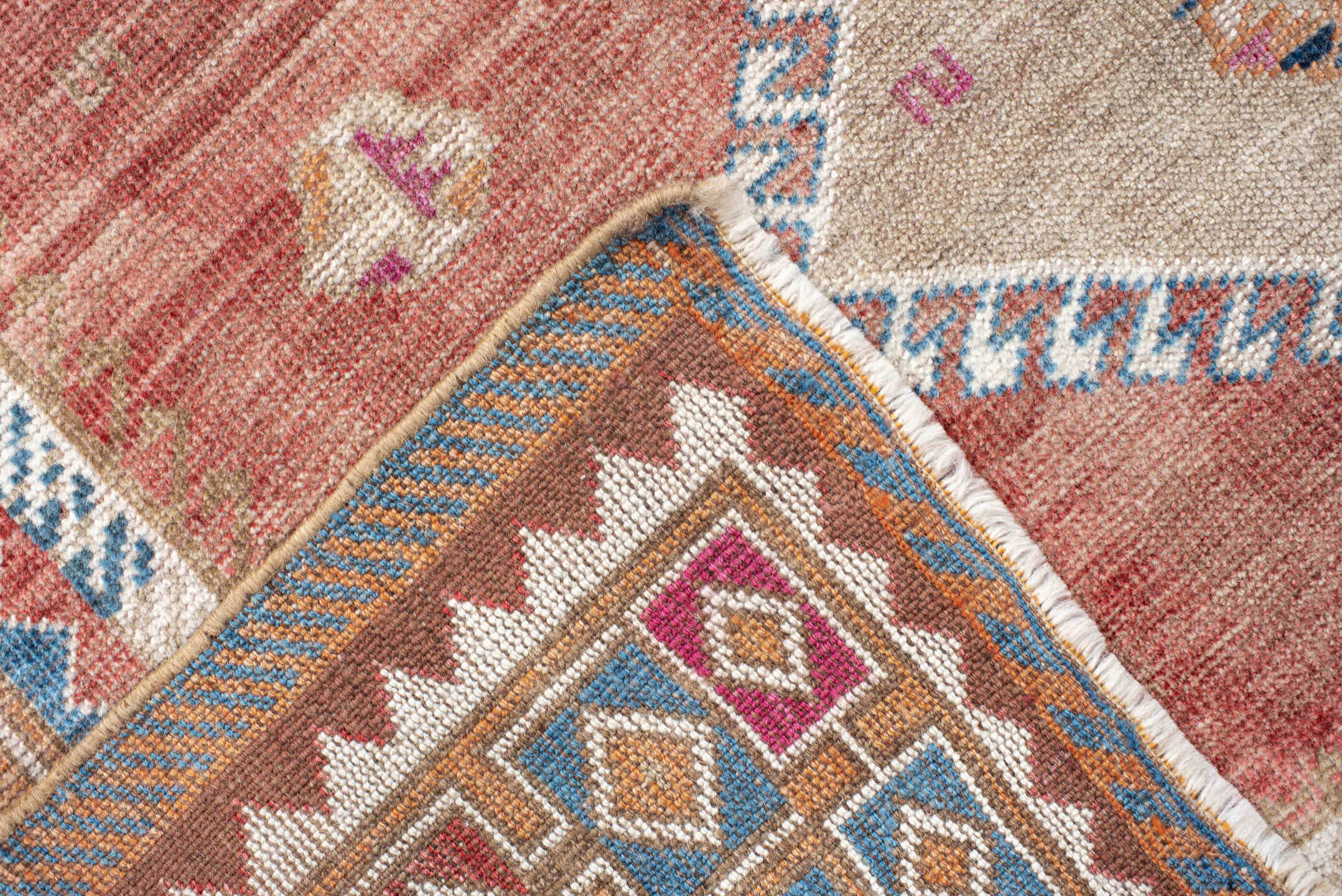 4' x 6' one-of-a-kind handmade antique Gabbe small size rug. Color palette: rose, ivory, sky blue, rust, taupe, plum, navy