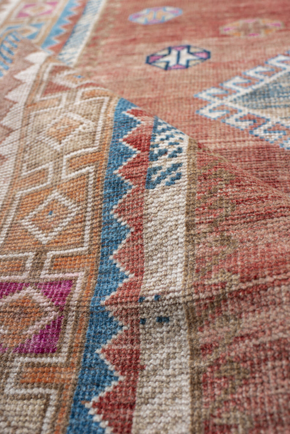 4' x 6' one-of-a-kind handmade antique Gabbe small size rug. Color palette: rose, ivory, sky blue, rust, taupe, plum, navy
