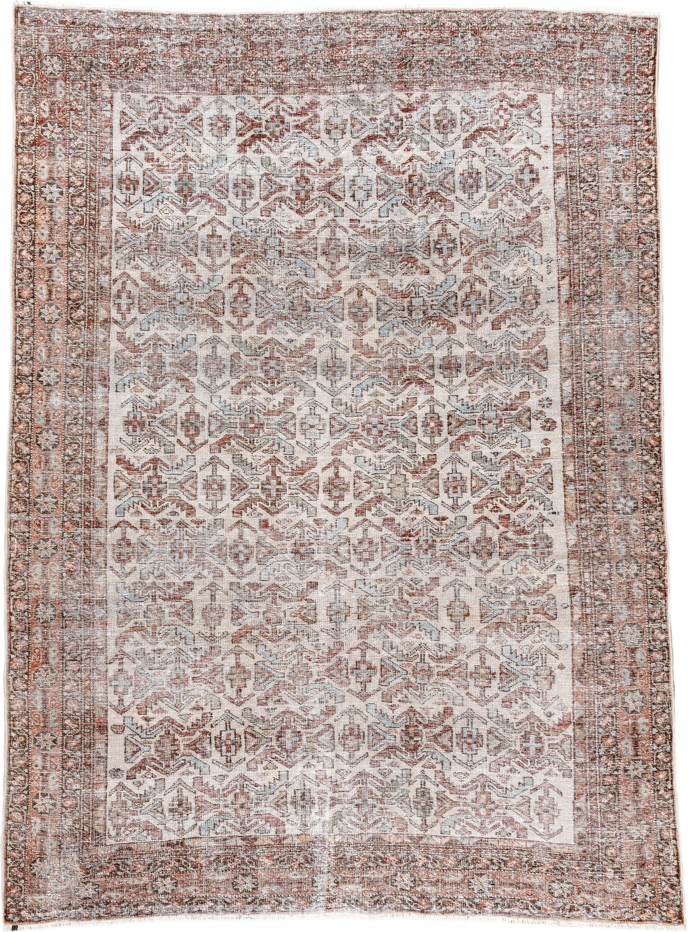 4' x 6' one-of-a-kind handmade vintage Afshar small size rug. Color palette: ivory, rust, taupe, soft blue, brown, camel