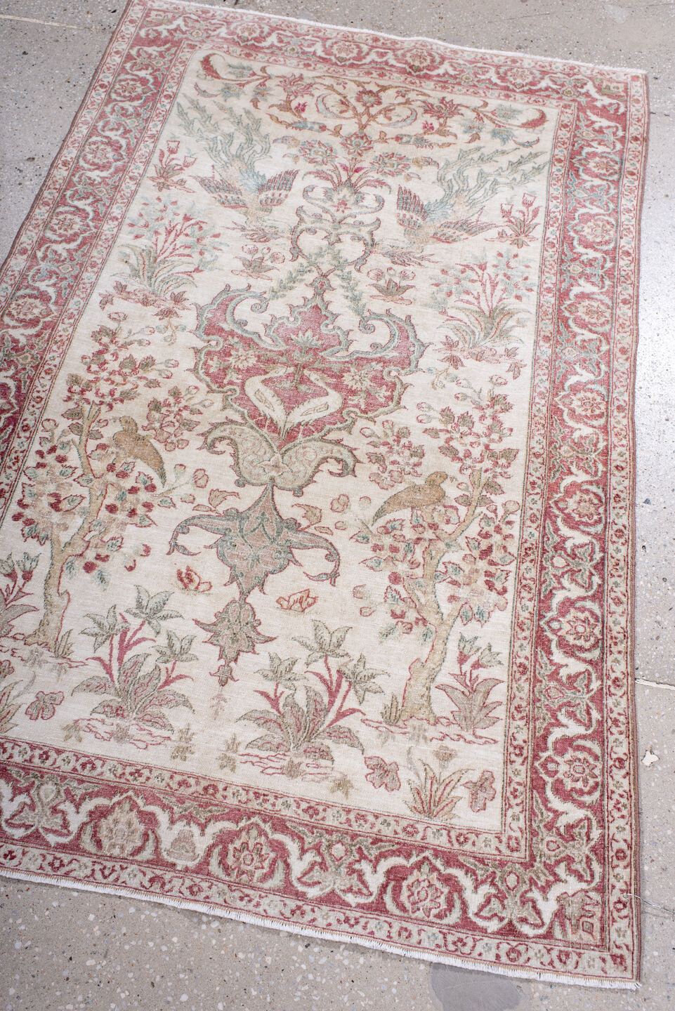 3' x 4' one-of-a-kind handmade antique Sivas small size rug. Color palette: ivory, rose, pale blue, sage, taupe, soft pink