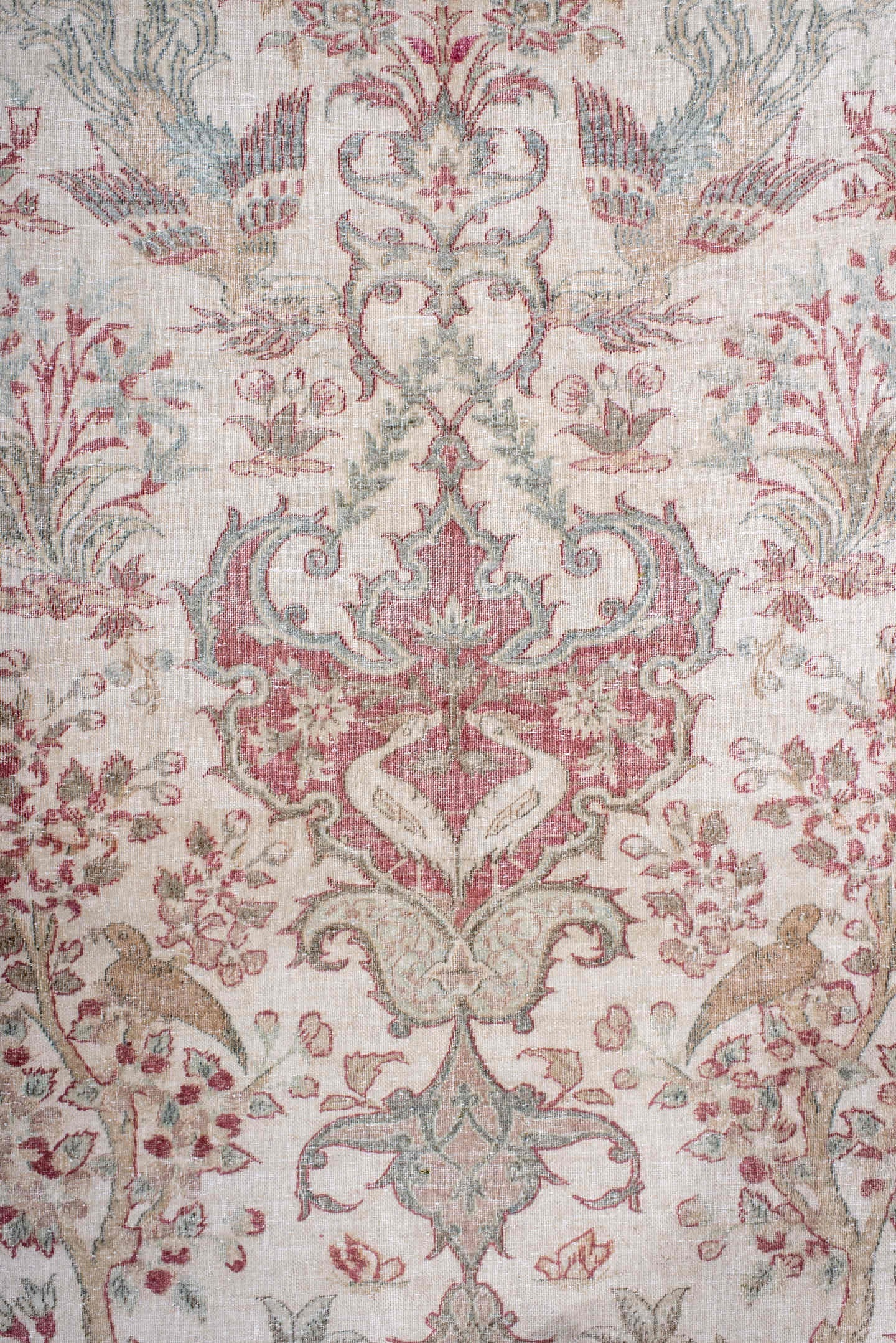 3' x 4' one-of-a-kind handmade antique Sivas small size rug. Color palette: ivory, rose, pale blue, sage, taupe, soft pink