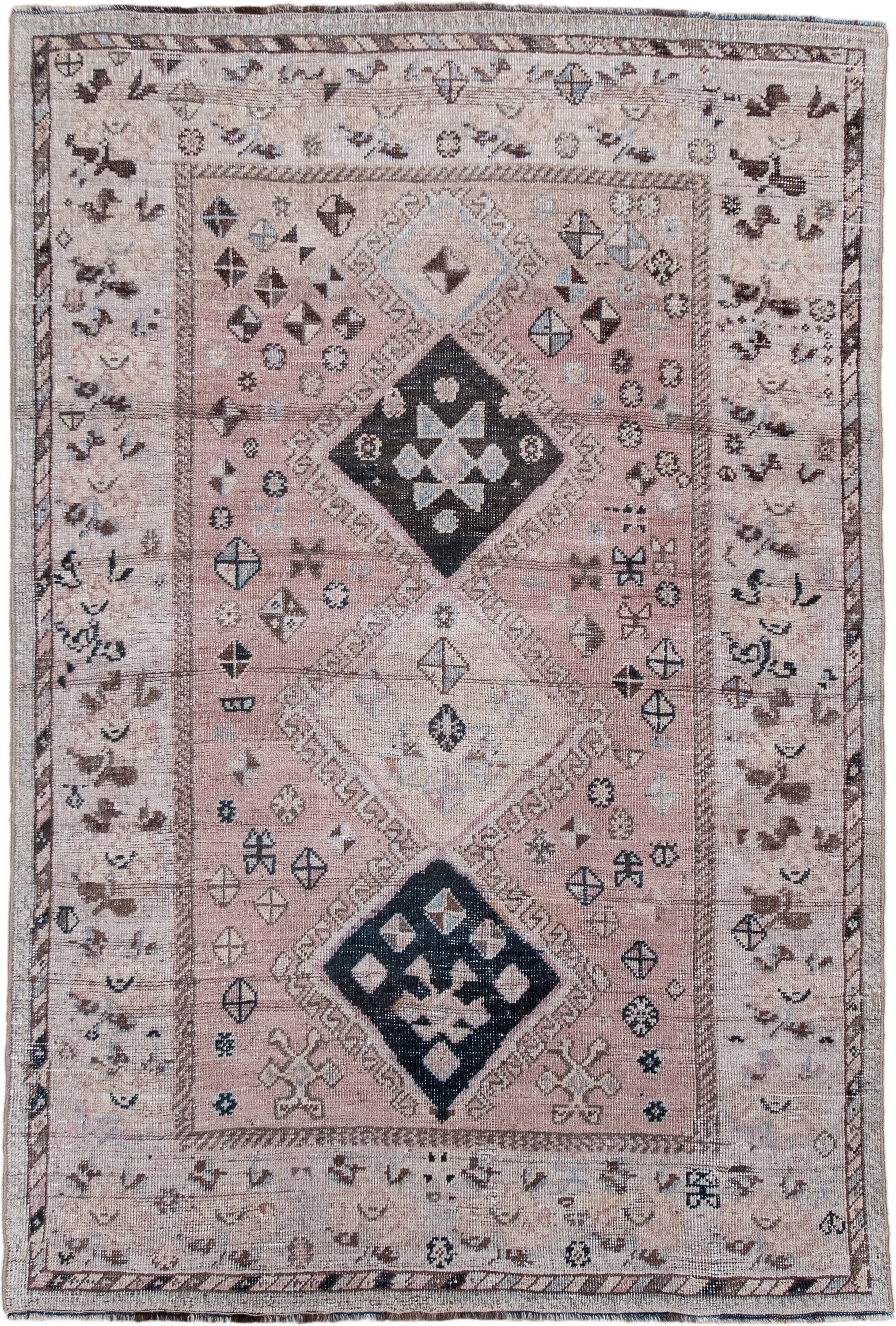 4' x 5' one-of-a-kind handmade antique Gabbe small size rug. Color palette: blush, ivory, charcoal, taupe, brown, pale blue