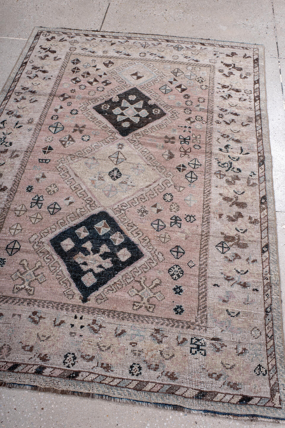 4' x 5' one-of-a-kind handmade antique Gabbe small size rug. Color palette: blush, ivory, charcoal, taupe, brown, pale blue