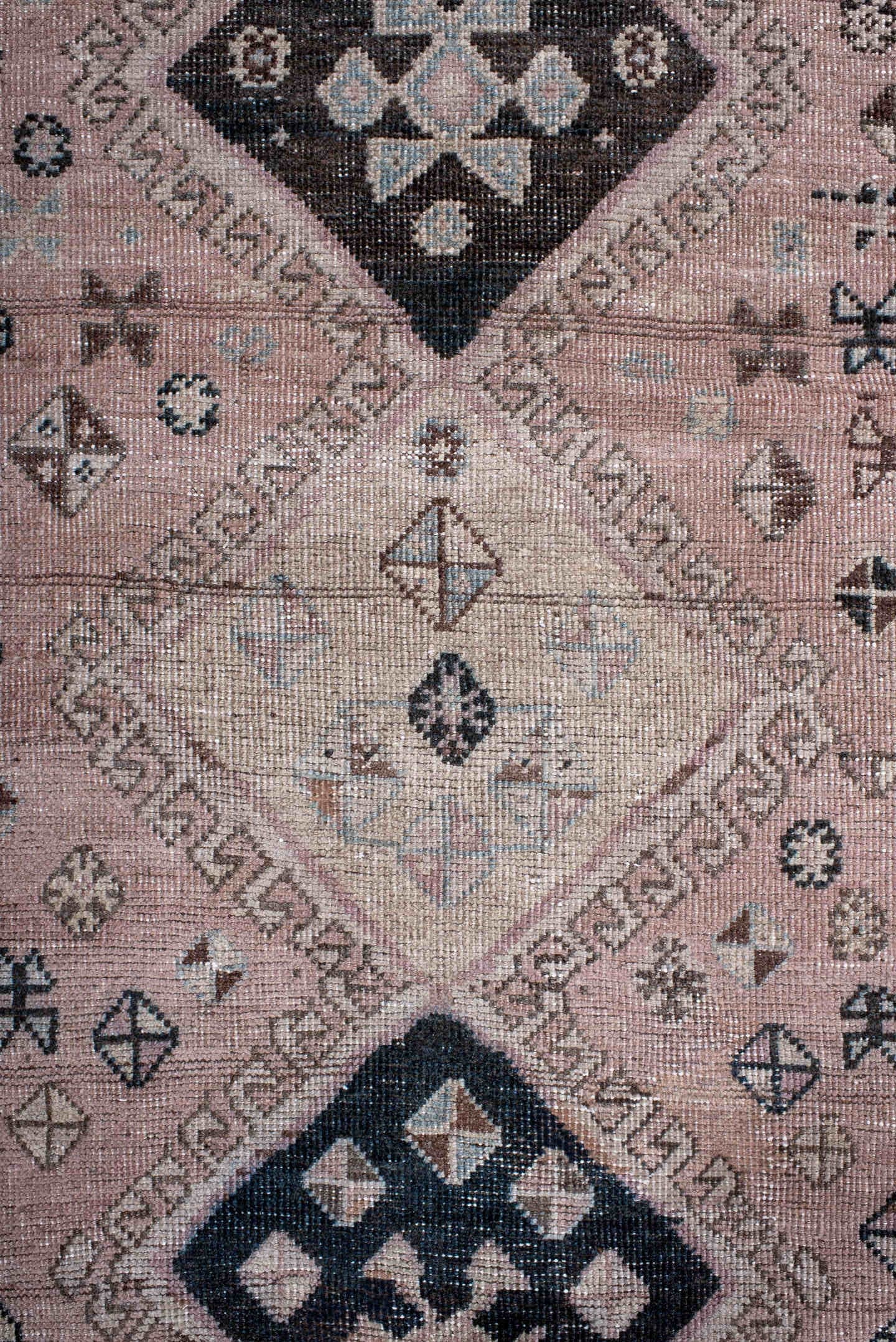 4' x 5' one-of-a-kind handmade antique Gabbe small size rug. Color palette: blush, ivory, charcoal, taupe, brown, pale blue