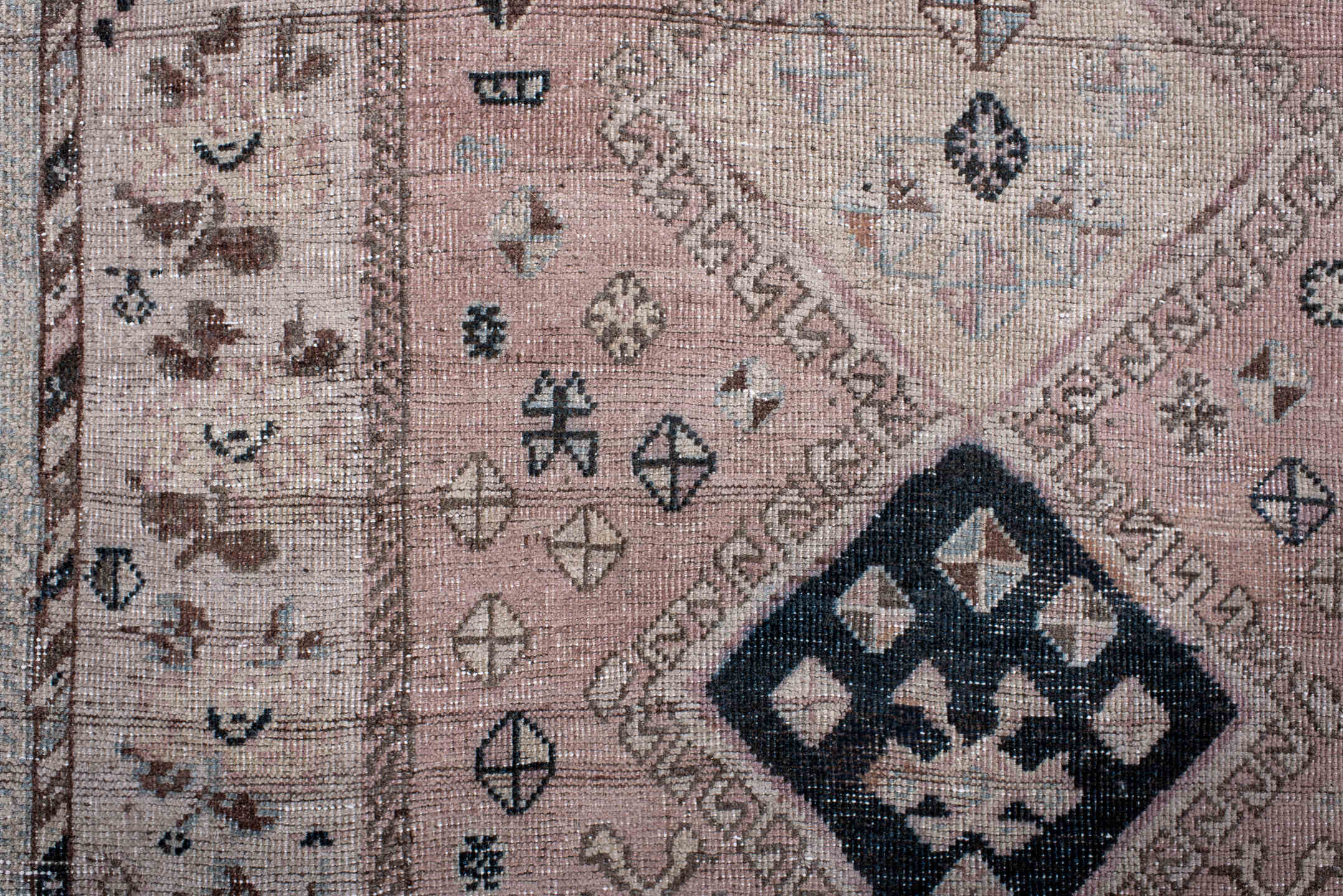 4' x 5' one-of-a-kind handmade antique Gabbe small size rug. Color palette: blush, ivory, charcoal, taupe, brown, pale blue