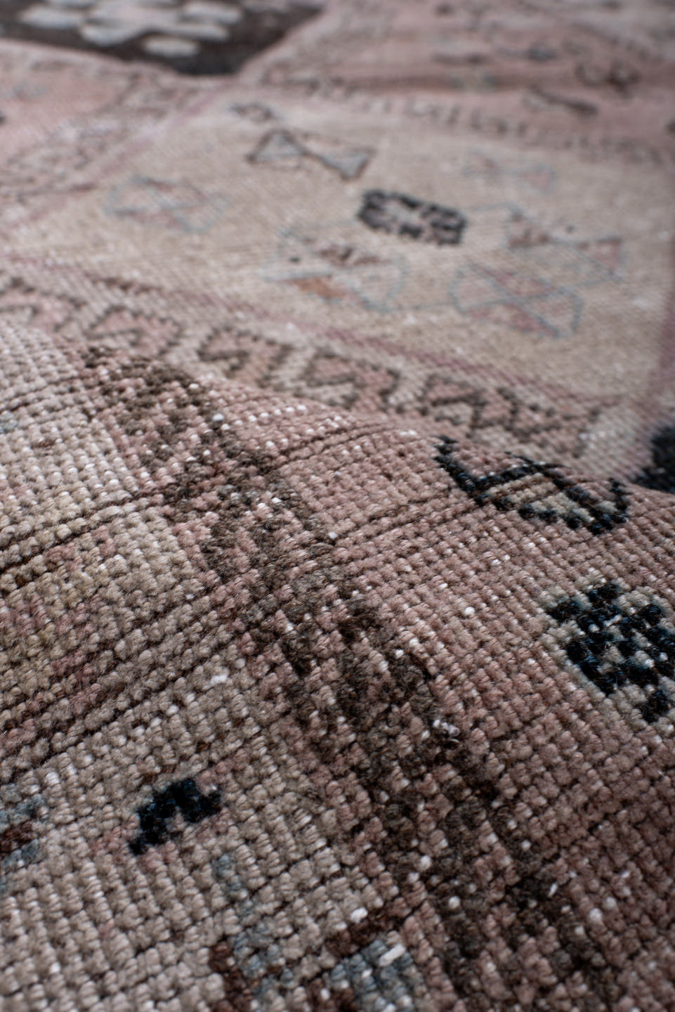 4' x 5' one-of-a-kind handmade antique Gabbe small size rug. Color palette: blush, ivory, charcoal, taupe, brown, pale blue