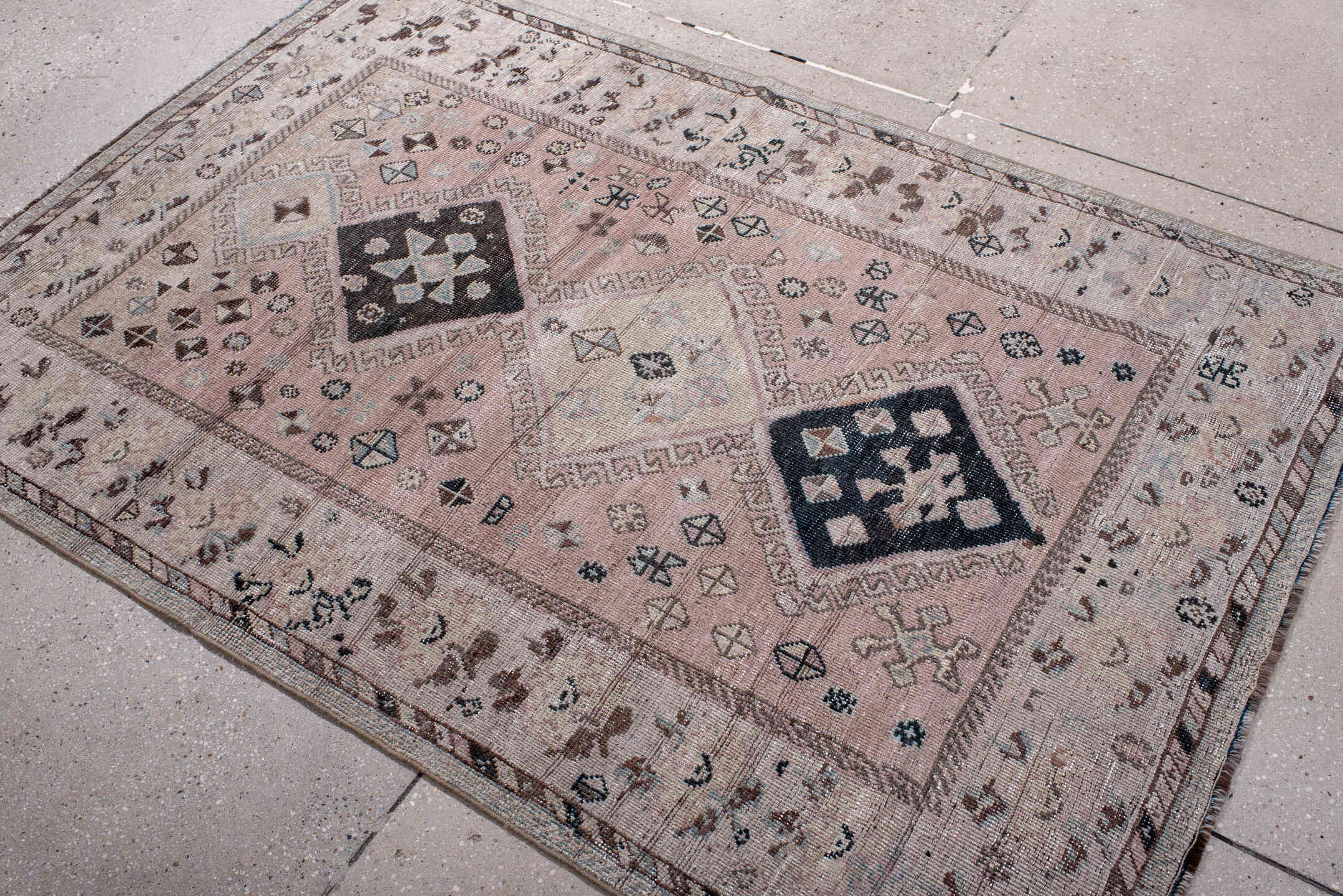 4' x 5' one-of-a-kind handmade vintage Gabbe small size rug. Color palette: black, blue, brown, dim gray, gainsboro, gray