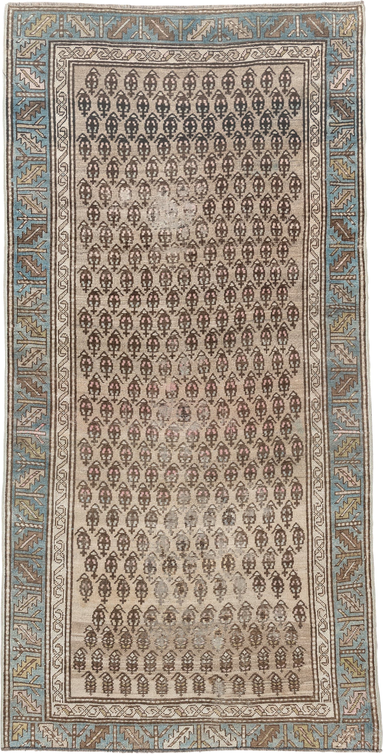 3' x 7' one-of-a-kind handmade antique NW Persian runner rug. Color palette: ivory, sky blue, taupe, brown, camel, soft pink