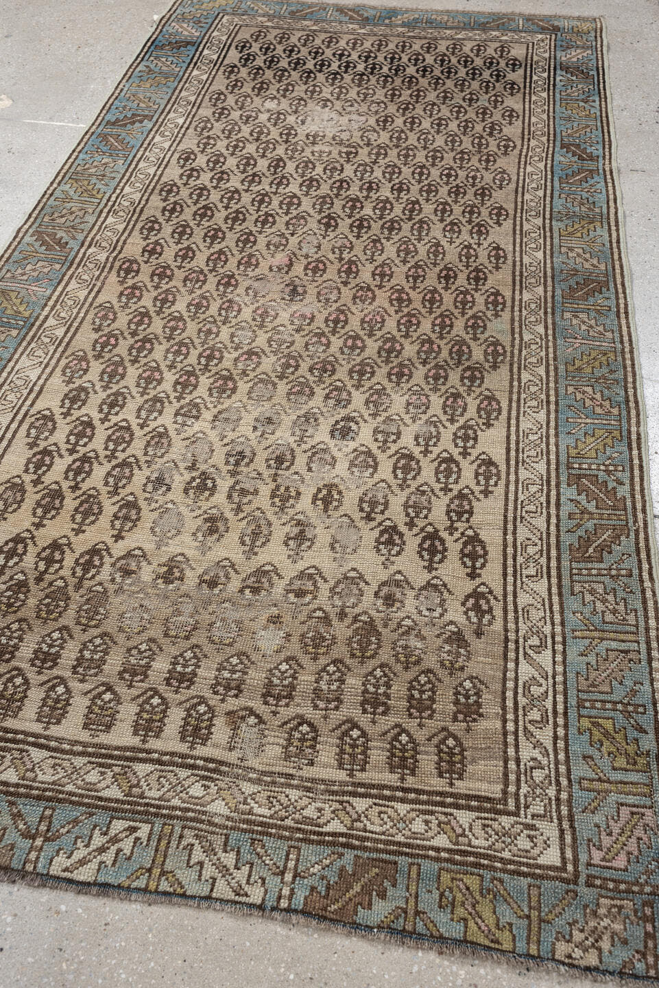 3' x 7' one-of-a-kind handmade antique NW Persian runner rug. Color palette: ivory, sky blue, taupe, brown, camel, soft pink