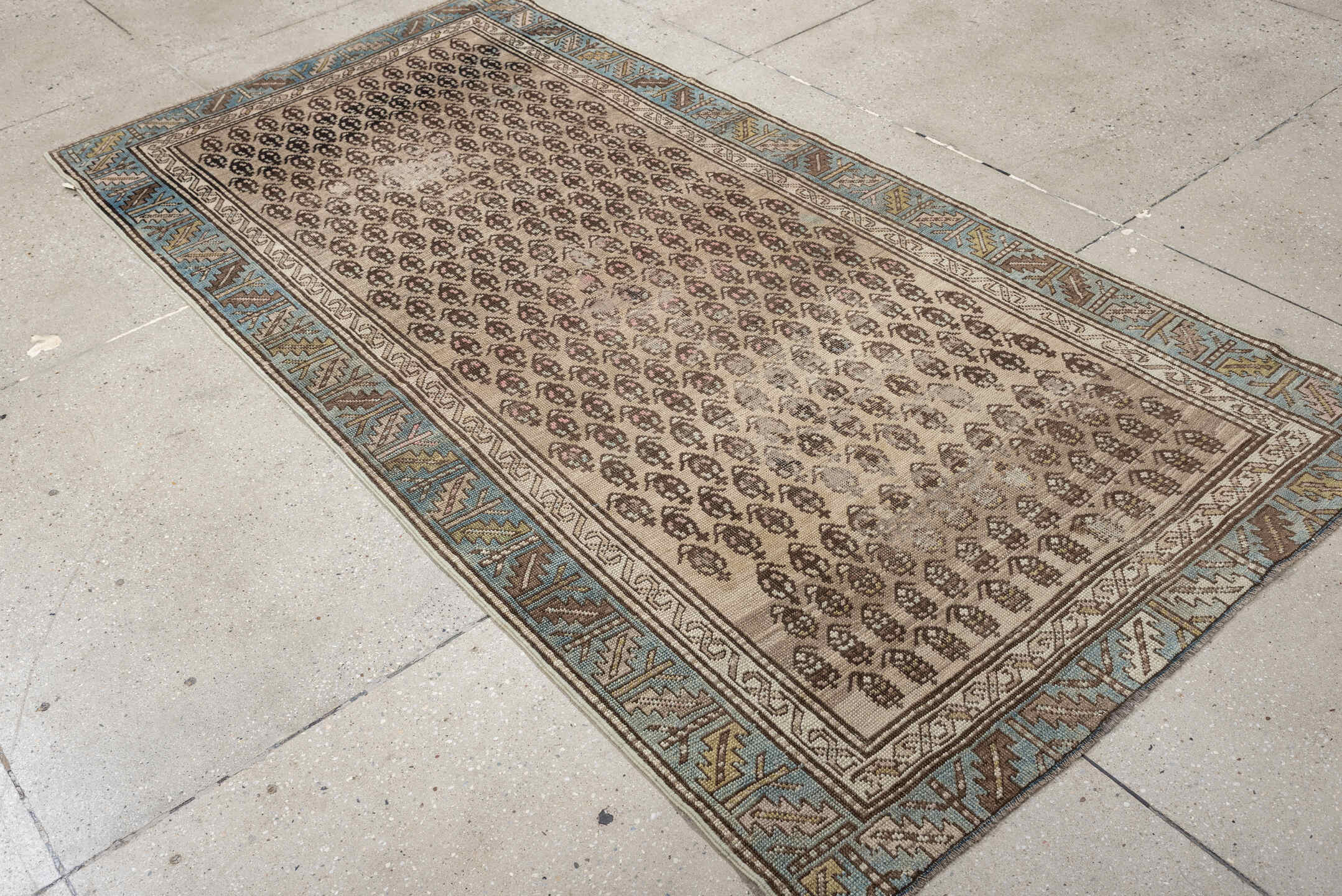 3' x 7' one-of-a-kind handmade antique NW Persian runner rug. Color palette: ivory, sky blue, taupe, brown, camel, soft pink