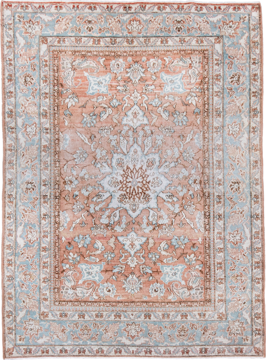 3' x 4' one-of-a-kind handmade vintage Isfahan small size rug. Color palette: blush, pale blue, ivory, taupe, rose, camel