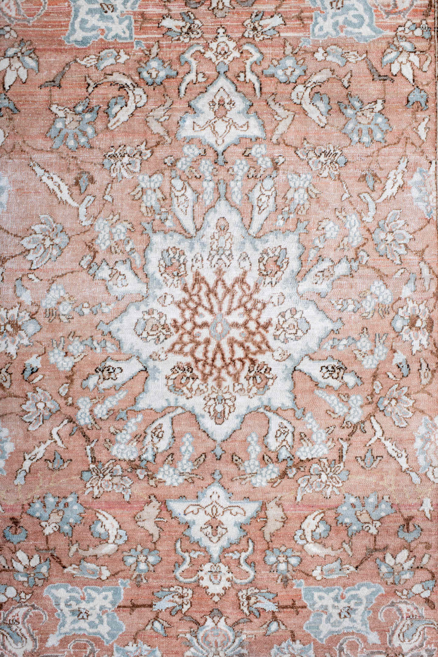 3' x 4' one-of-a-kind handmade vintage Isfahan small size rug. Color palette: blush, pale blue, ivory, taupe, rose, camel