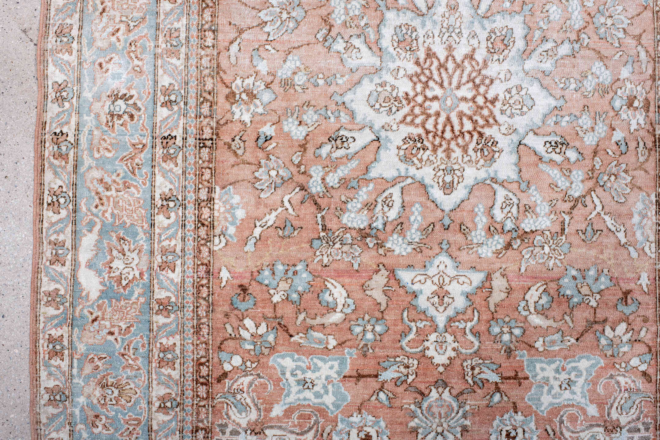 3' x 4' one-of-a-kind handmade vintage Isfahan small size rug. Color palette: blush, pale blue, ivory, taupe, rose, camel