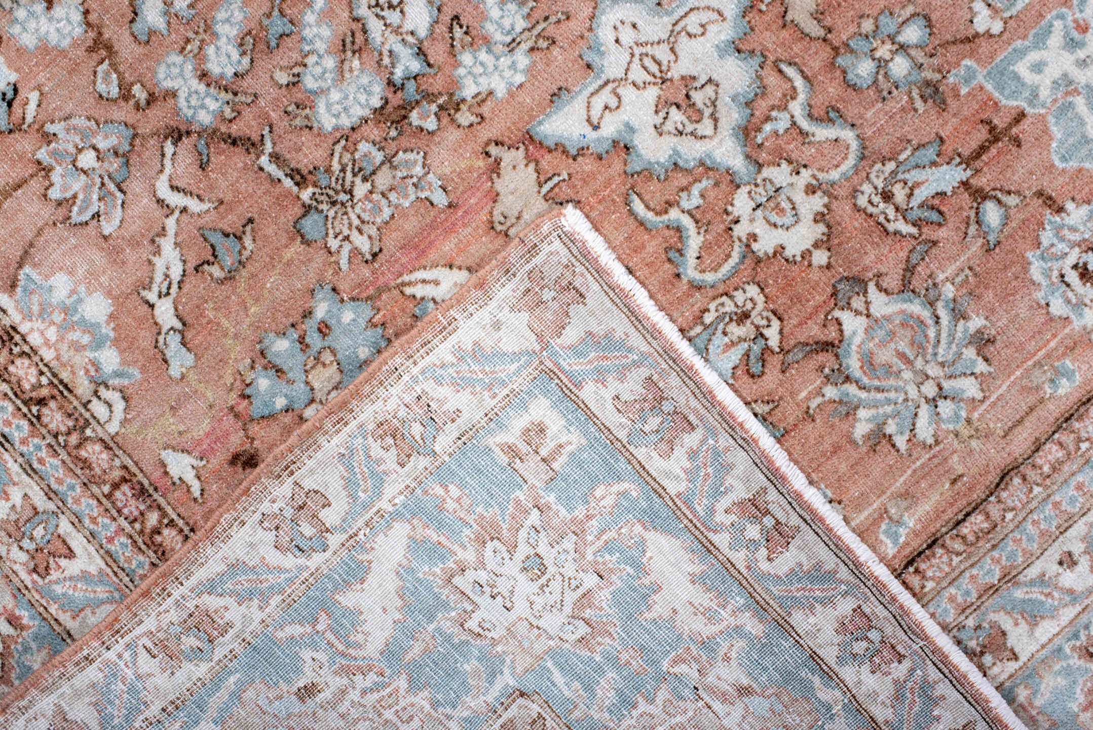 3' x 4' one-of-a-kind handmade vintage Isfahan small size rug. Color palette: blush, pale blue, ivory, taupe, rose, camel