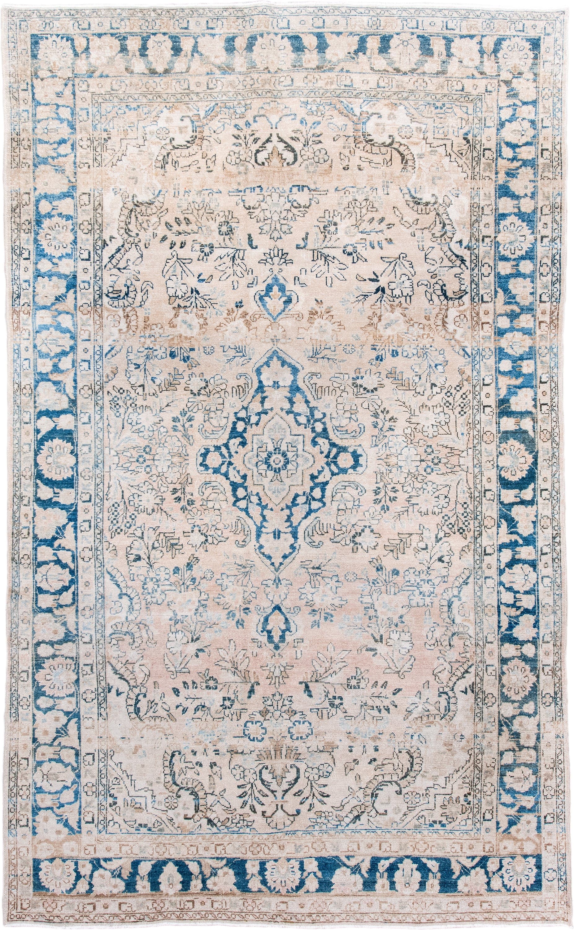 6' x 9' one-of-a-kind handmade antique Hamadan medium size rug. Color palette: ivory, sky_blue, beige, taupe, slate, cream