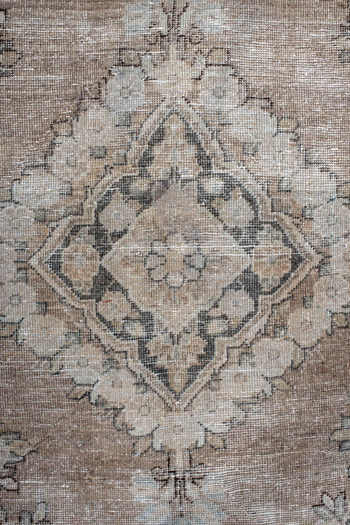 4' x 6' one-of-a-kind handmade vintage Mahal small size rug. Color palette: taupe, ivory, brown, pale blue, beige, charcoal