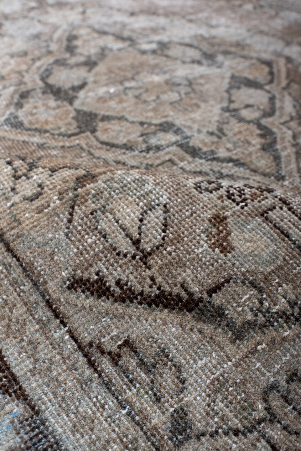 4' x 6' one-of-a-kind handmade vintage Mahal small size rug. Color palette: taupe, ivory, brown, pale blue, beige, charcoal