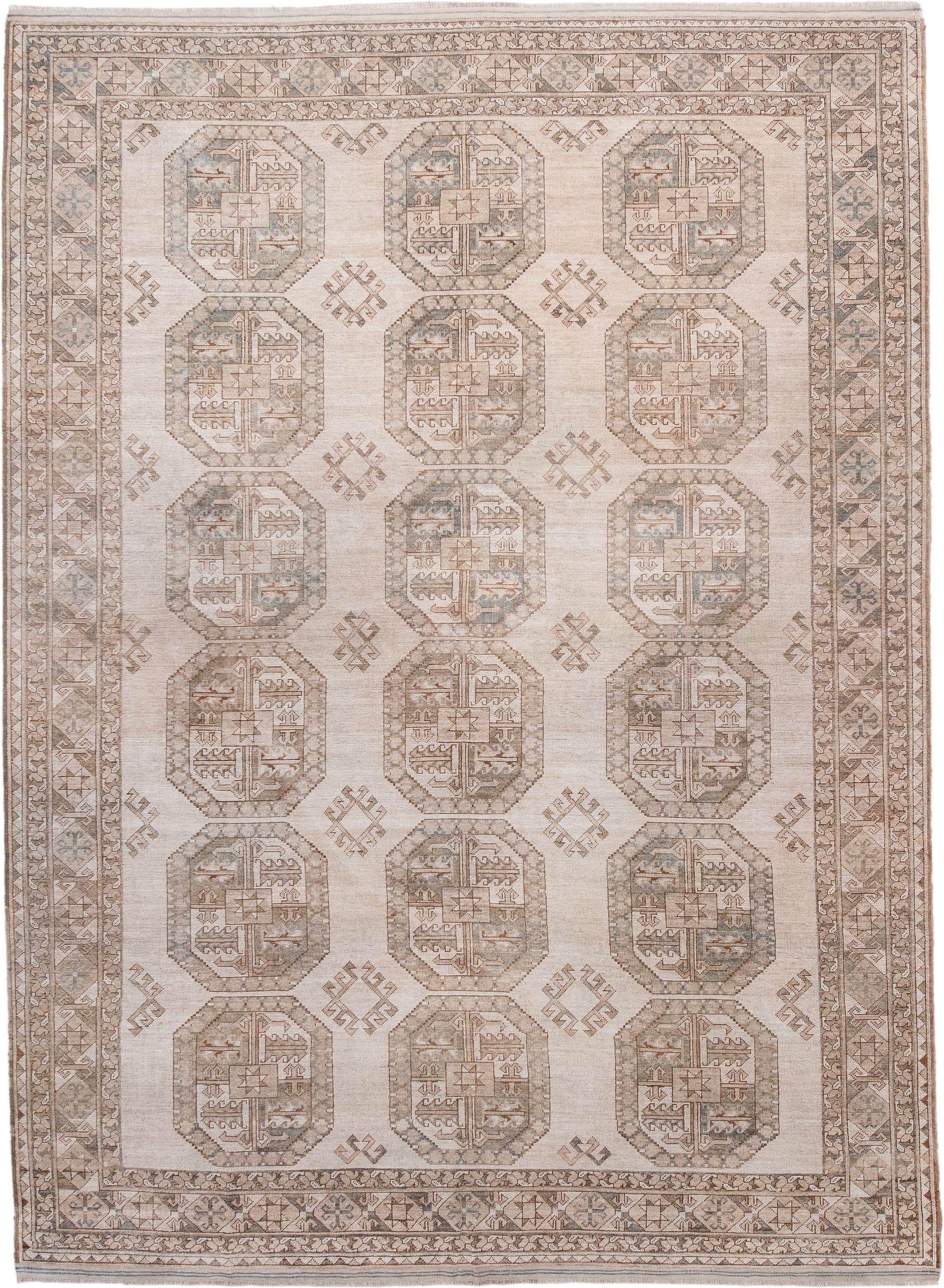 7' x 10' one-of-a-kind handmade antique Afghan large size rug. Color palette: ivory, taupe, sand, sage, camel, pewter, beige