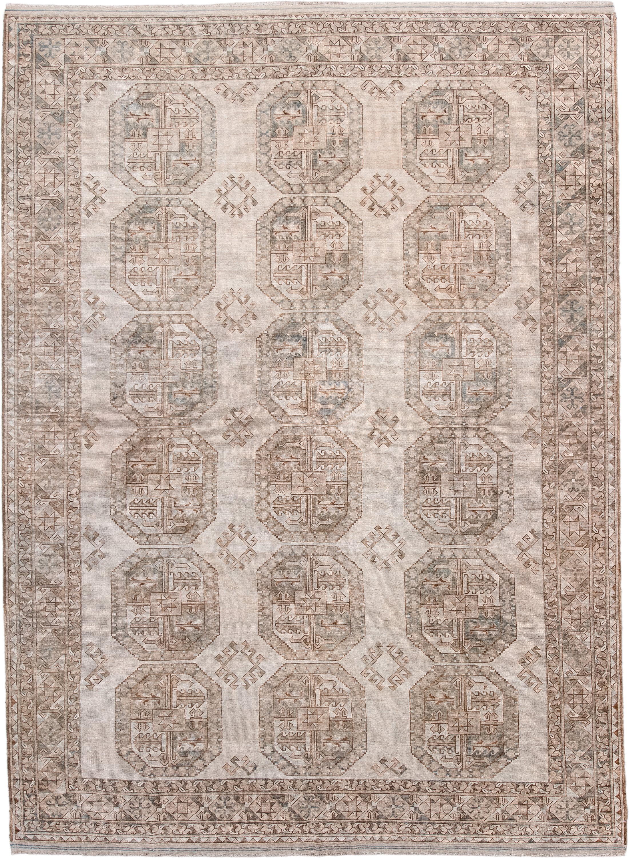 7' x 10' one-of-a-kind handmade antique Afghan large size rug. Color palette: ivory, taupe, sand, sage, camel, pewter, beige