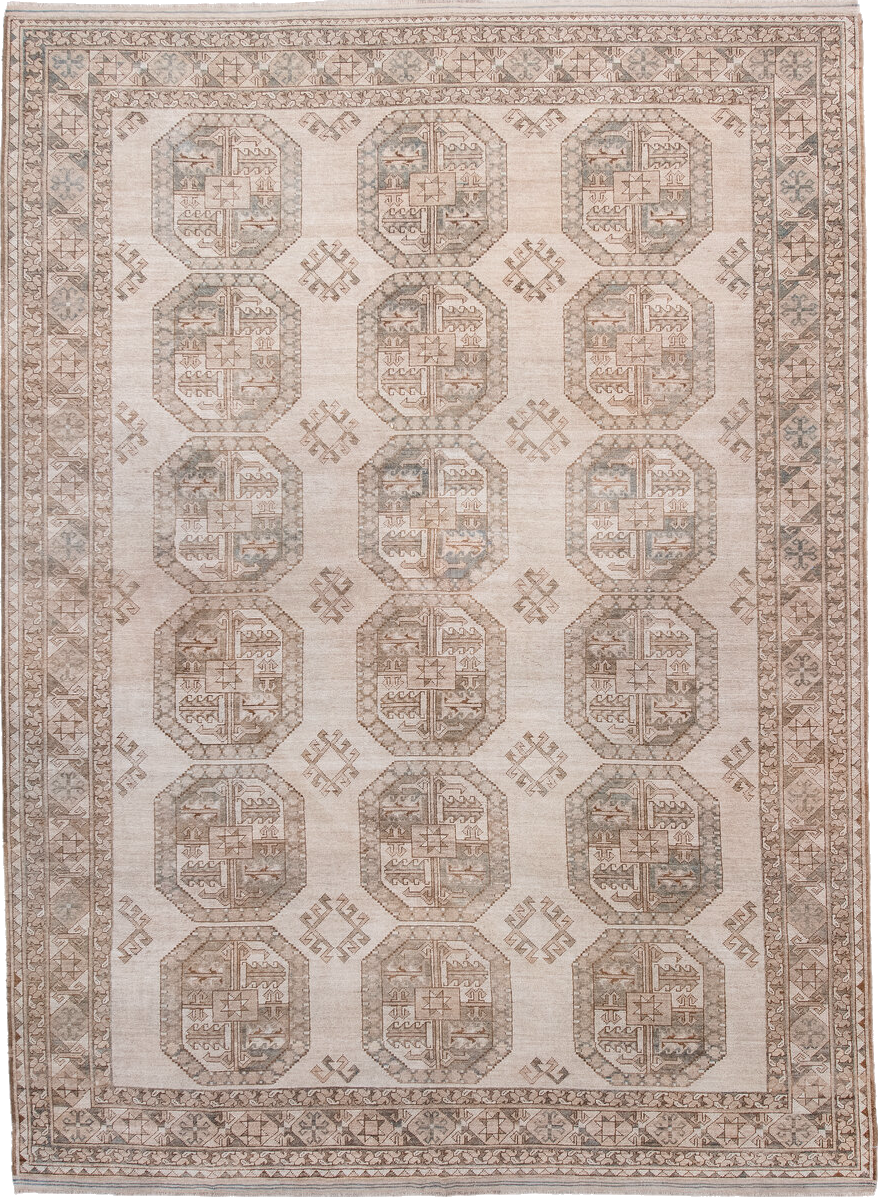 7' x 10' one-of-a-kind handmade vintage Afghan large size rug. Color palette: gray, light gray, off-white, pink