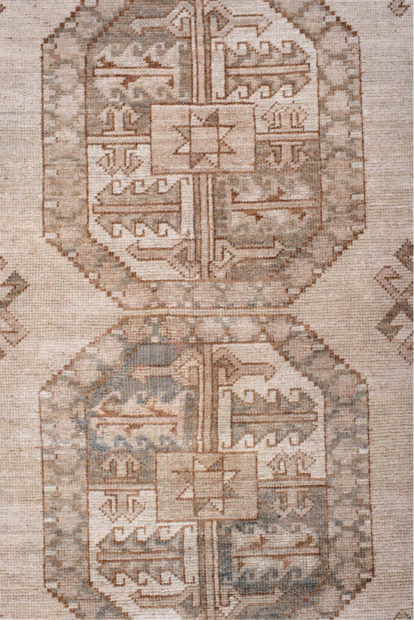 7' x 10' one-of-a-kind handmade vintage Afghan large size rug. Color palette: gray, light gray, off-white, pink