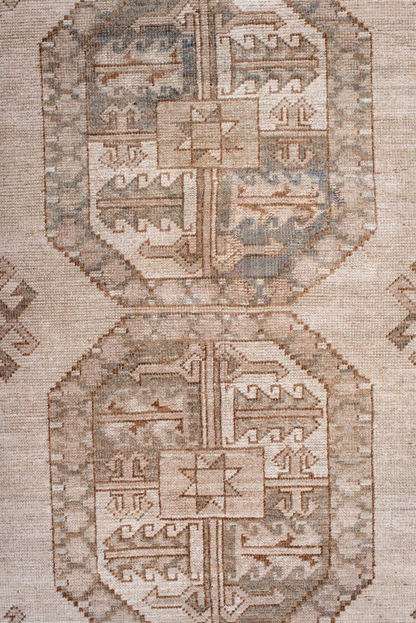 7' x 10' one-of-a-kind handmade antique Afghan large size rug. Color palette: ivory, taupe, sand, sage, camel, pewter, beige