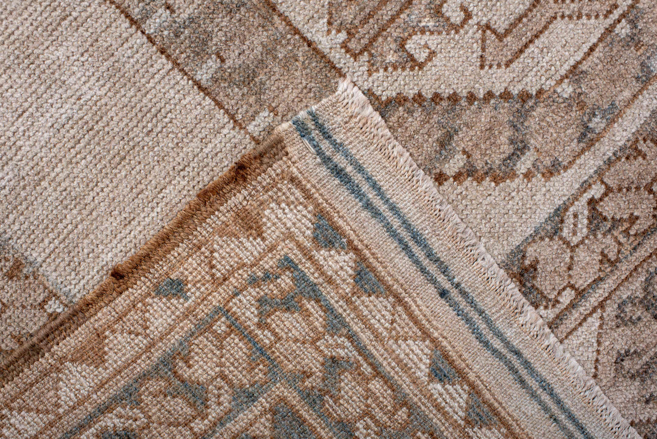 7' x 10' one-of-a-kind handmade antique Afghan large size rug. Color palette: ivory, taupe, sand, sage, camel, pewter, beige