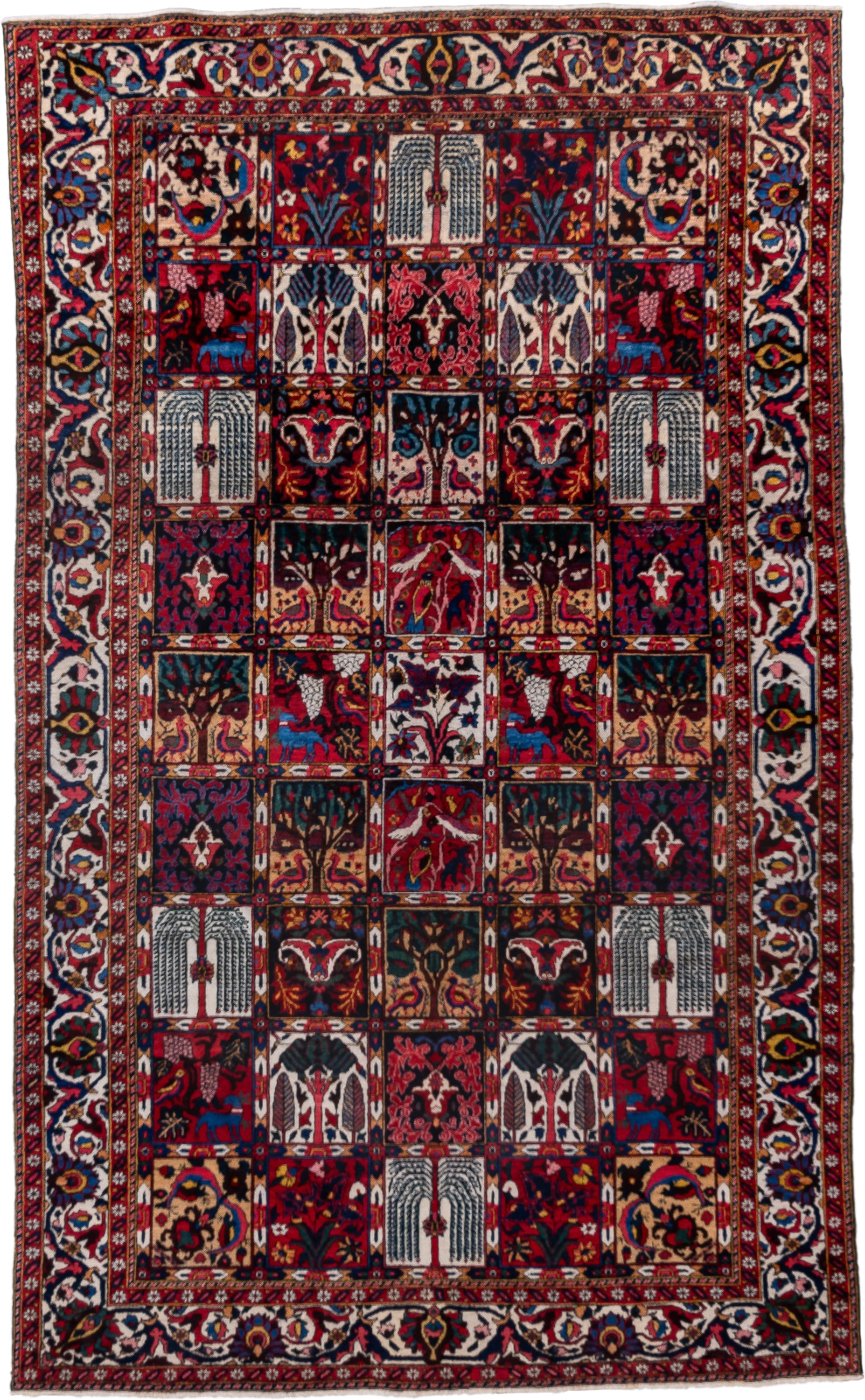 5' x 8' one-of-a-kind handmade antique Baktiary medium size rug. Color palette: red, navy, ivory, burgundy, cobalt, camel