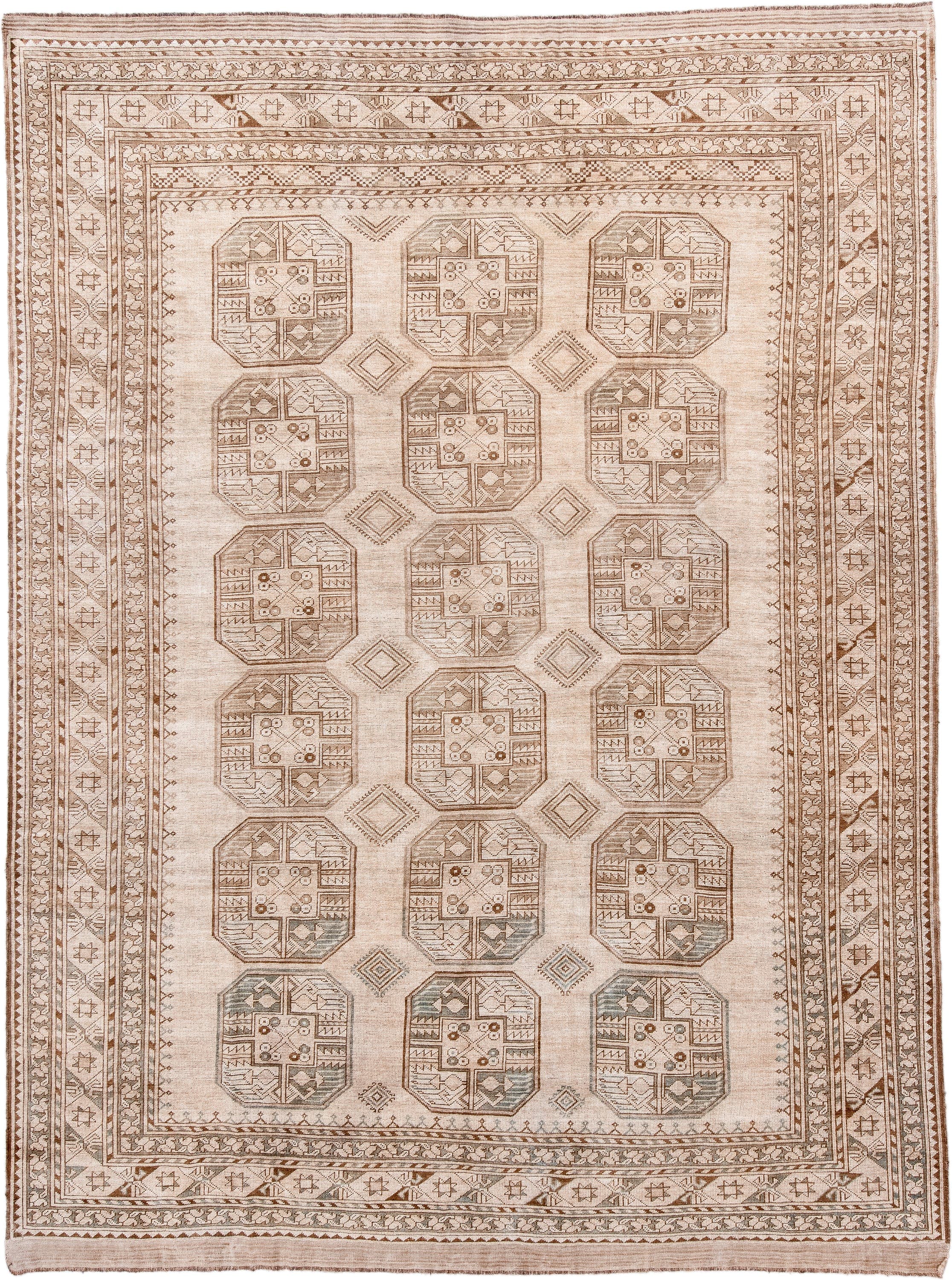 8' x 11' one-of-a-kind handmade antique Afghan large size rug. Color palette: ivory, taupe, camel, beige, sand, sage, gray