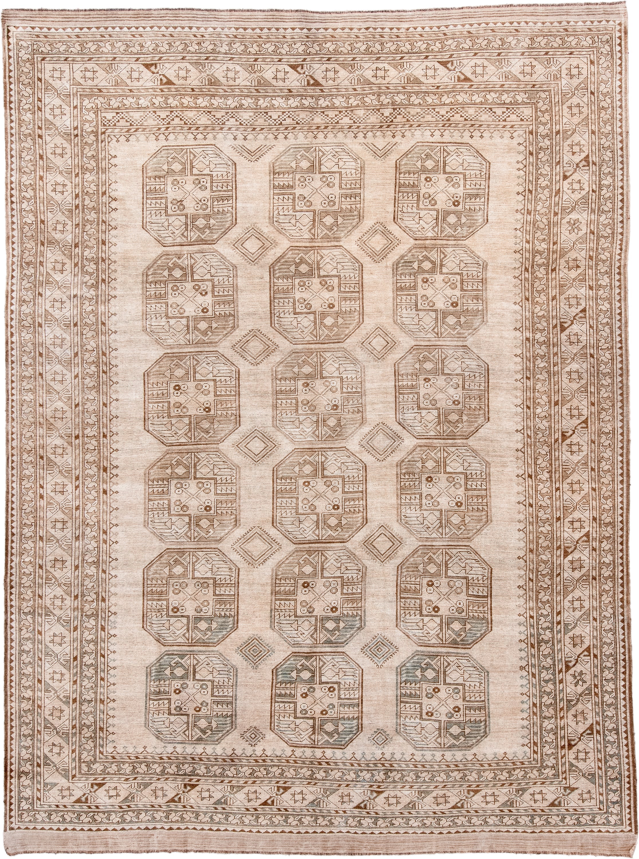8' x 11' one-of-a-kind handmade antique Afghan large size rug. Color palette: ivory, taupe, camel, beige, sand, sage, gray