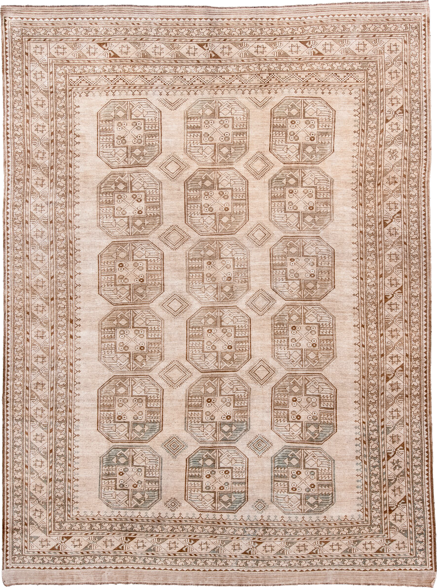 8' x 11' one-of-a-kind handmade vintage Afghan large size rug. Color palette: antiquewhite, brown, gray, light gray, linen