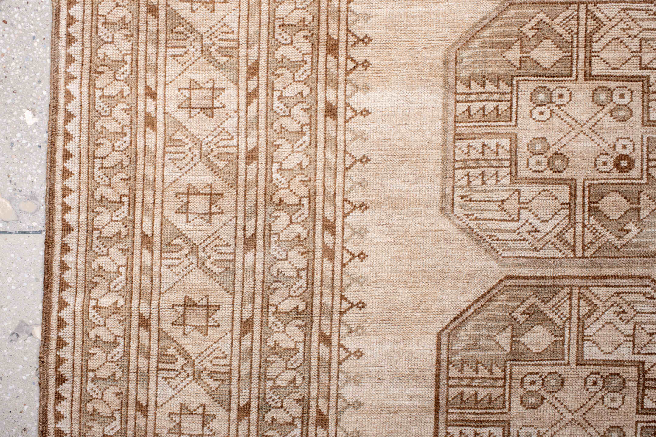 8' x 11' one-of-a-kind handmade antique Afghan large size rug. Color palette: ivory, taupe, camel, beige, sand, sage, gray