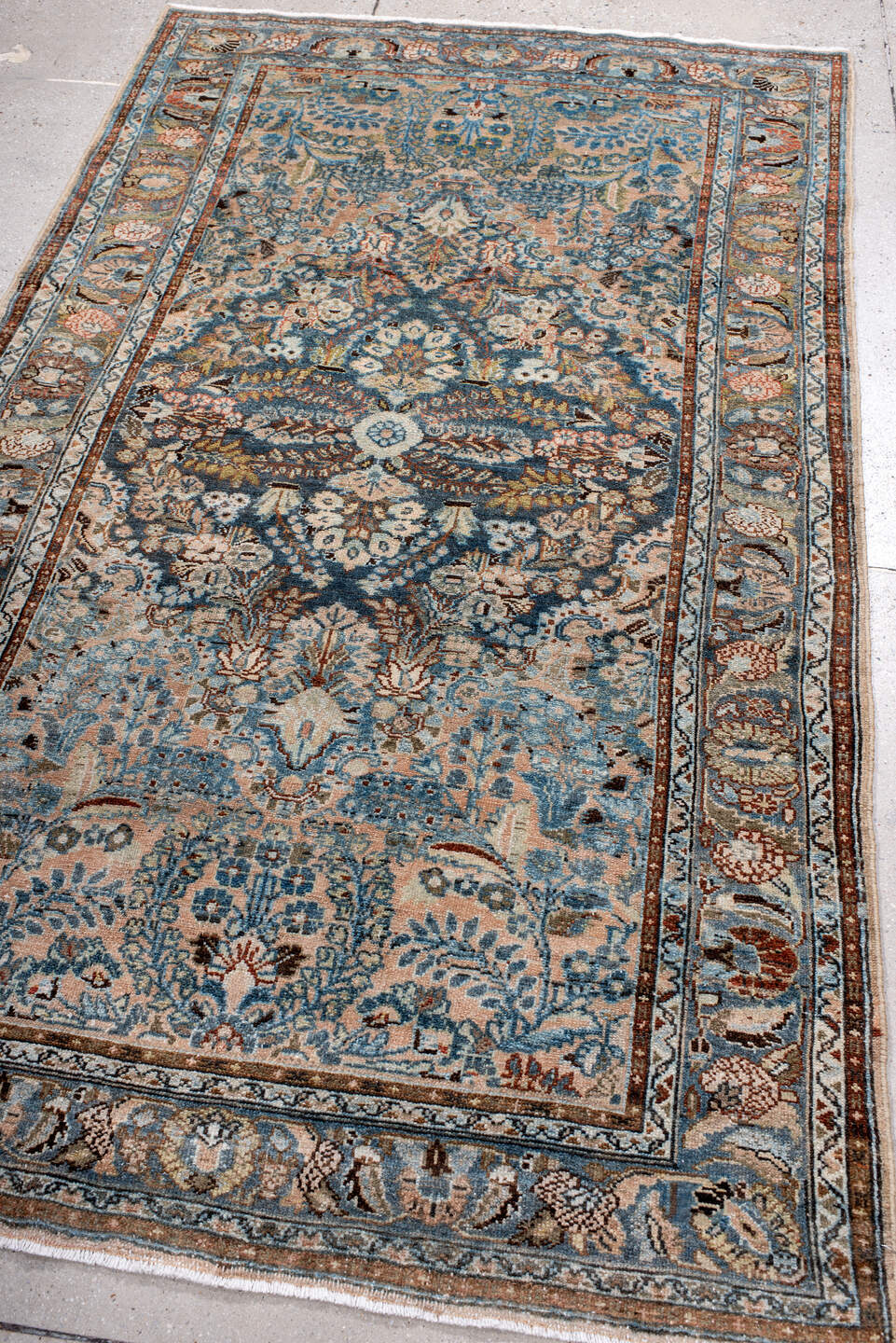 4' x 7' one-of-a-kind handmade vintage Hamadan rug. Color palette: arapawa, blue, brown, dark gray, dim gray, gray