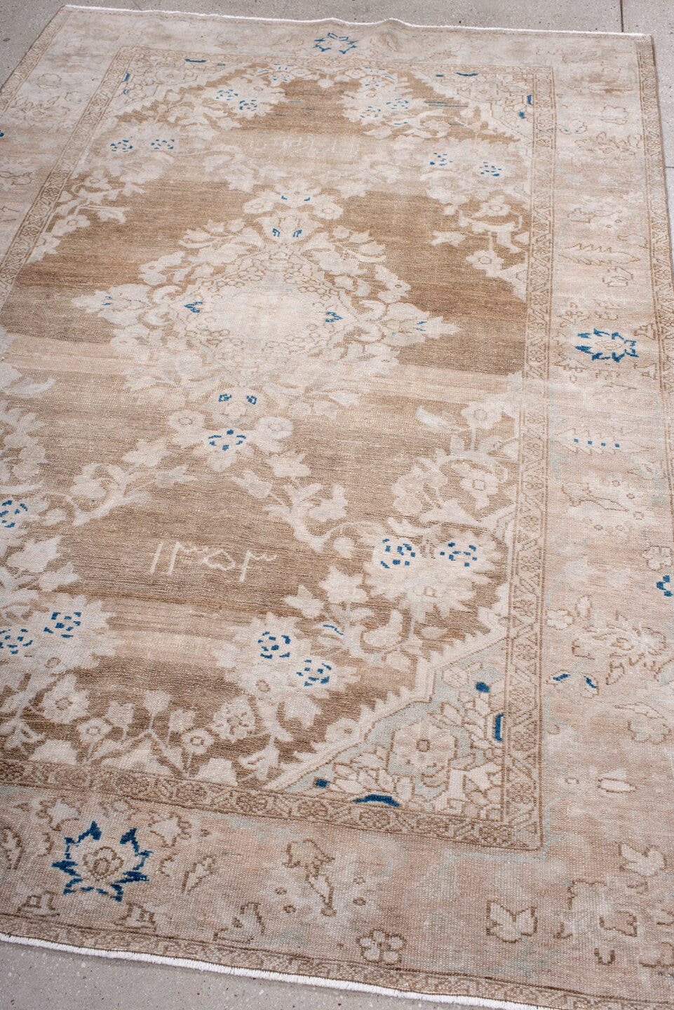 5' x 8' one-of-a-kind handmade antique Hamadan medium size rug. Color palette: ivory, taupe, beige, cobalt, cream, gray