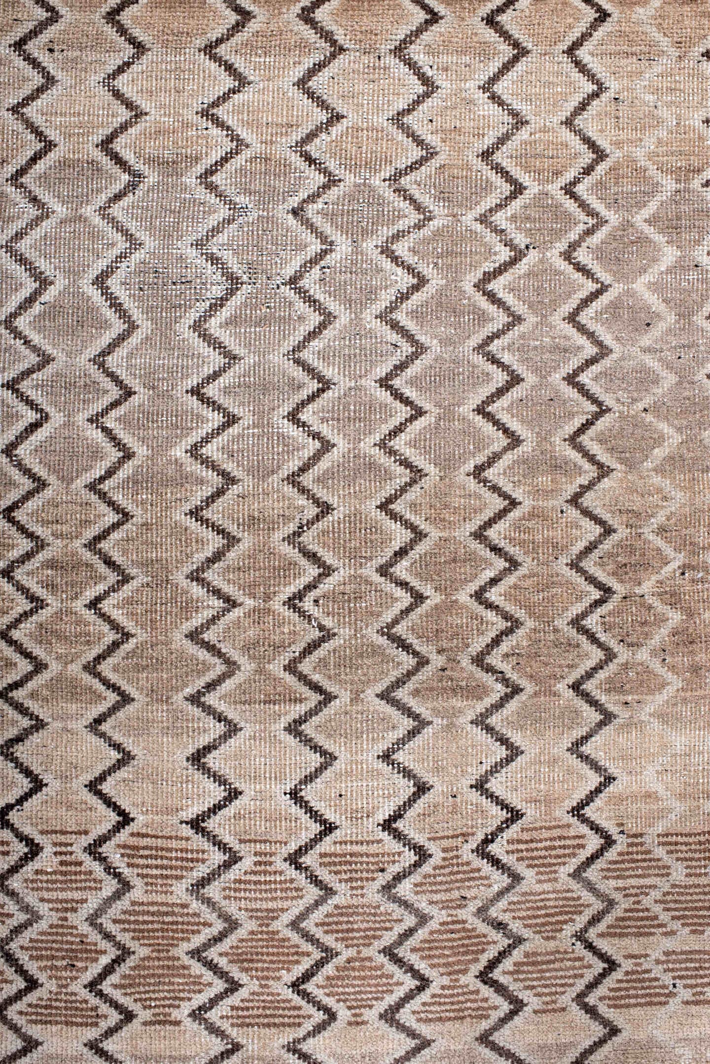 3' x 5' one-of-a-kind handmade antique Gabbe small size rug. Color palette: ivory, taupe, brown, charcoal, camel, beige