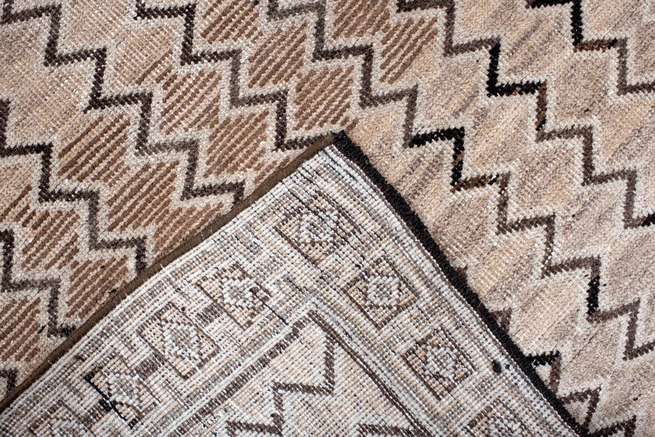 3' x 5' one-of-a-kind handmade antique Gabbe small size rug. Color palette: ivory, taupe, brown, charcoal, camel, beige