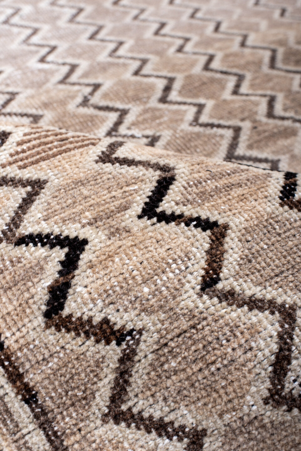 3' x 5' one-of-a-kind handmade antique Gabbe small size rug. Color palette: ivory, taupe, brown, charcoal, camel, beige