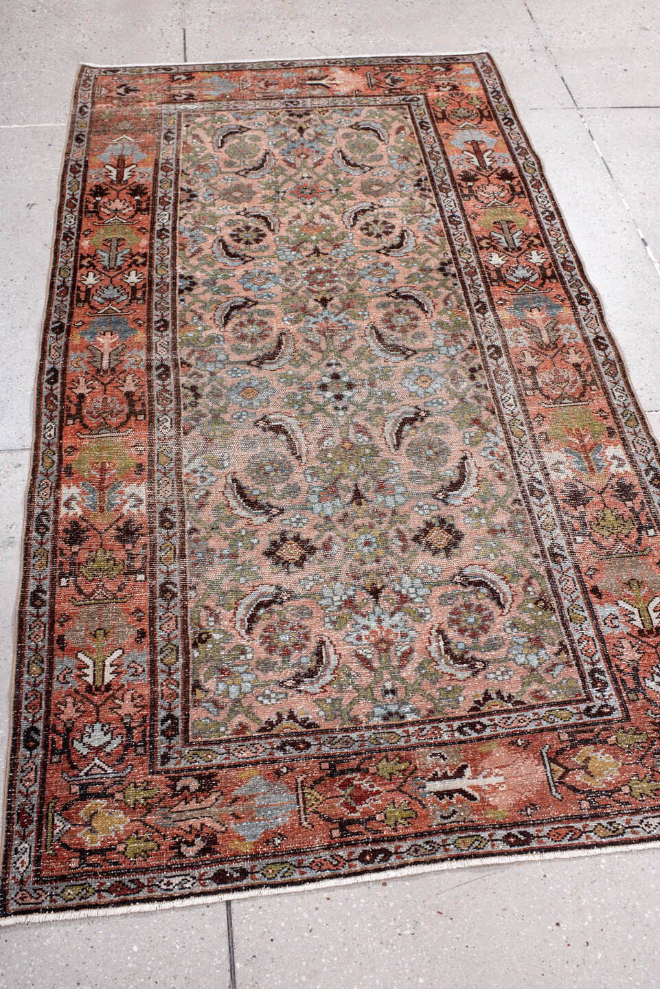 3' x 6' one-of-a-kind handmade antique Hamadan small size rug. Color palette: rose, terra cotta, sky blue, ivory, olive